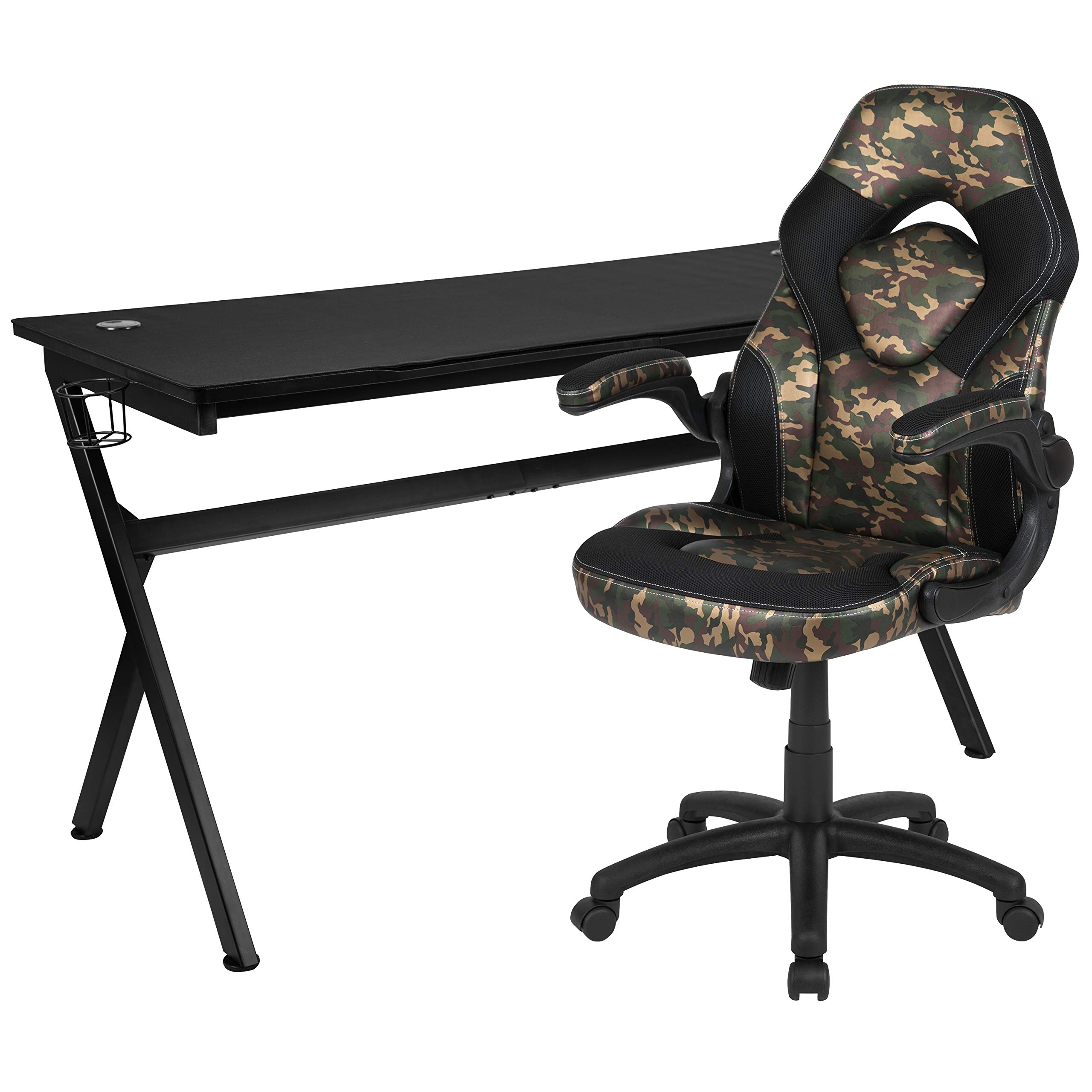 Premium Gaming Desk & Camouflage/Black Racing Chair Set with Cup Holder, Headphone Hook & Removable Mouse Pad - 2 Cable Management Holes for PC Gaming Setup | Perfect for Esports, Streaming & Home Office Workstations