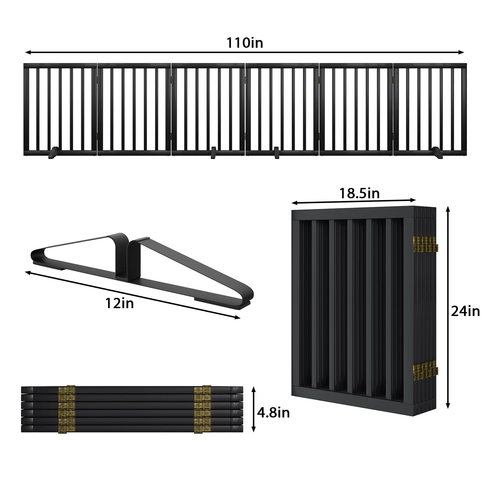 Foldable Bamboo Dog Gate - 6 Panel Freestanding Pet Fence for Indoor Use (110 Inches Wide, Black) | Perfect for Doorways, Stairs & Room Separation