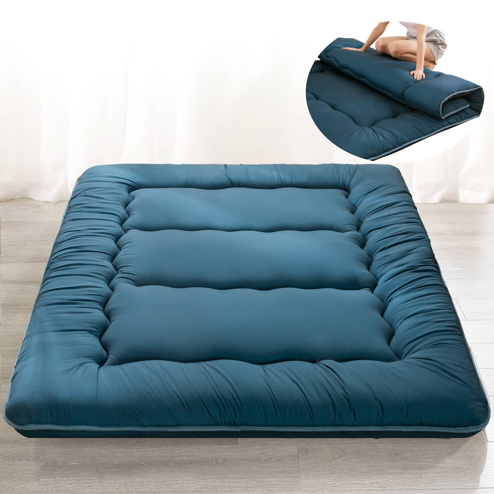 MAXYOYO Portable Futon Mattress - Japanese Floor Mattress for Guest Bed, Camping & Travel | Bluestone Blue | Lightweight & Foldable Sleeping Pad