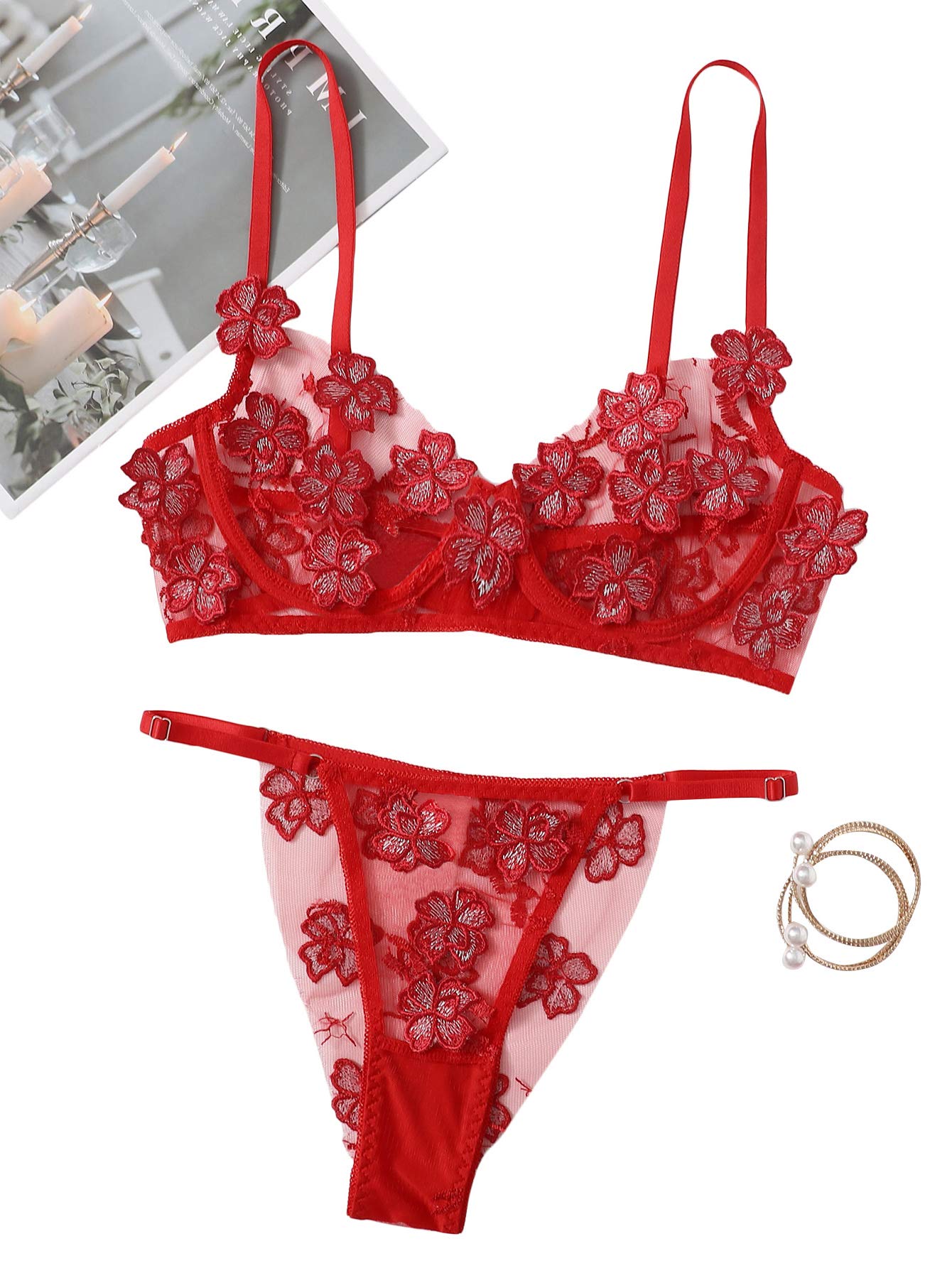 Floerns Women's Sexy Applique Lace Underwire Push Up Bra & G-String Thong Lingerie Set for Valentine's Day, Date Night & Boudoir Photography