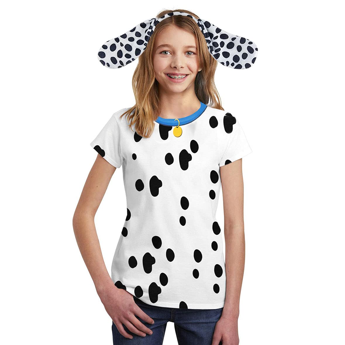 Halloween Costume Dalmatian Dog T-Shirt with Blue Collar & Ears Headband for Kids - Fun Pet Lover Outfit for Halloween Parties & Dress-Up Play