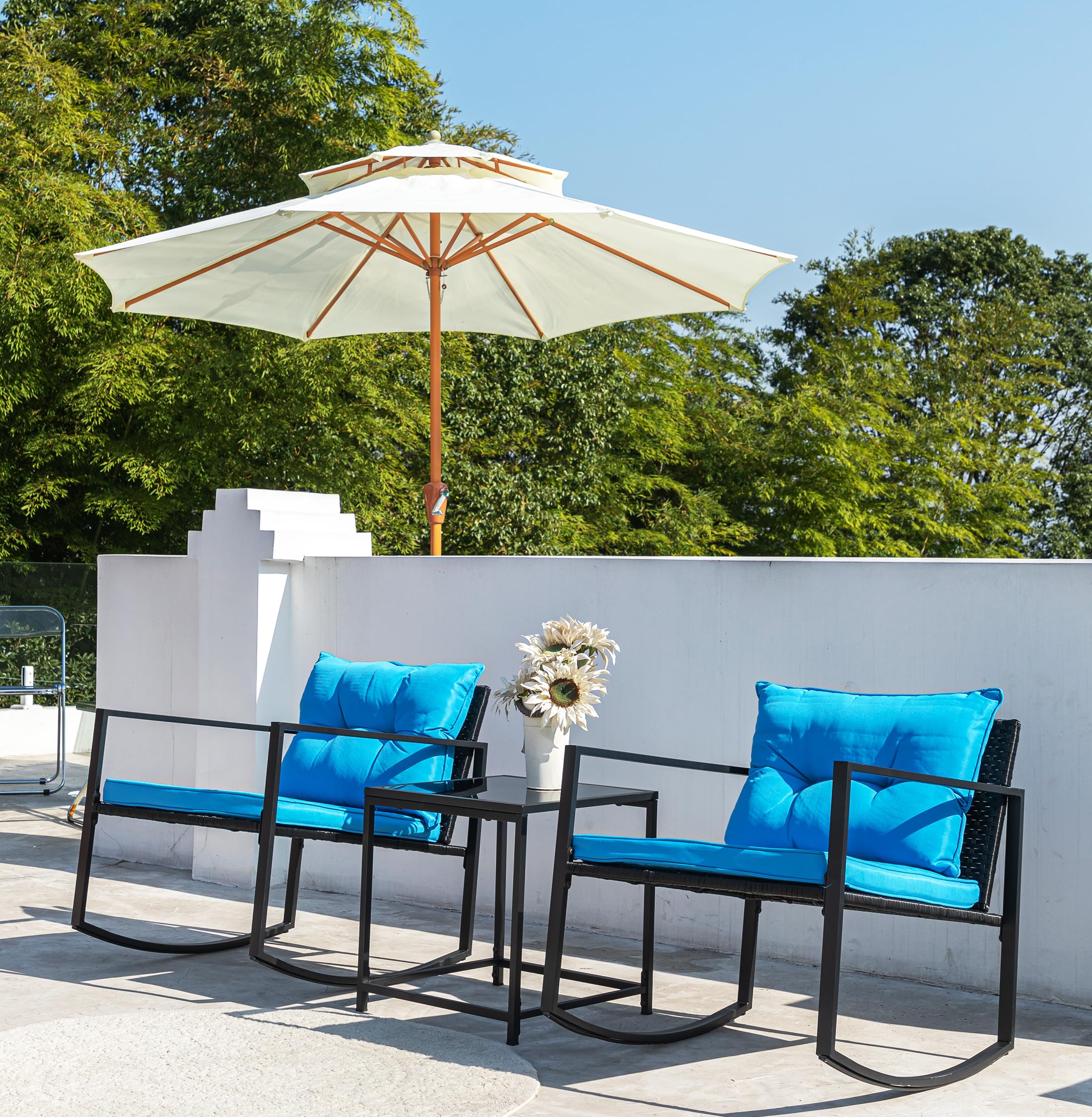 3-Piece Blue Wicker Bistro Set with Rocking Chairs & Glass Coffee Table - Patio Outdoor Furniture for Porch, Garden, or Poolside Relaxation