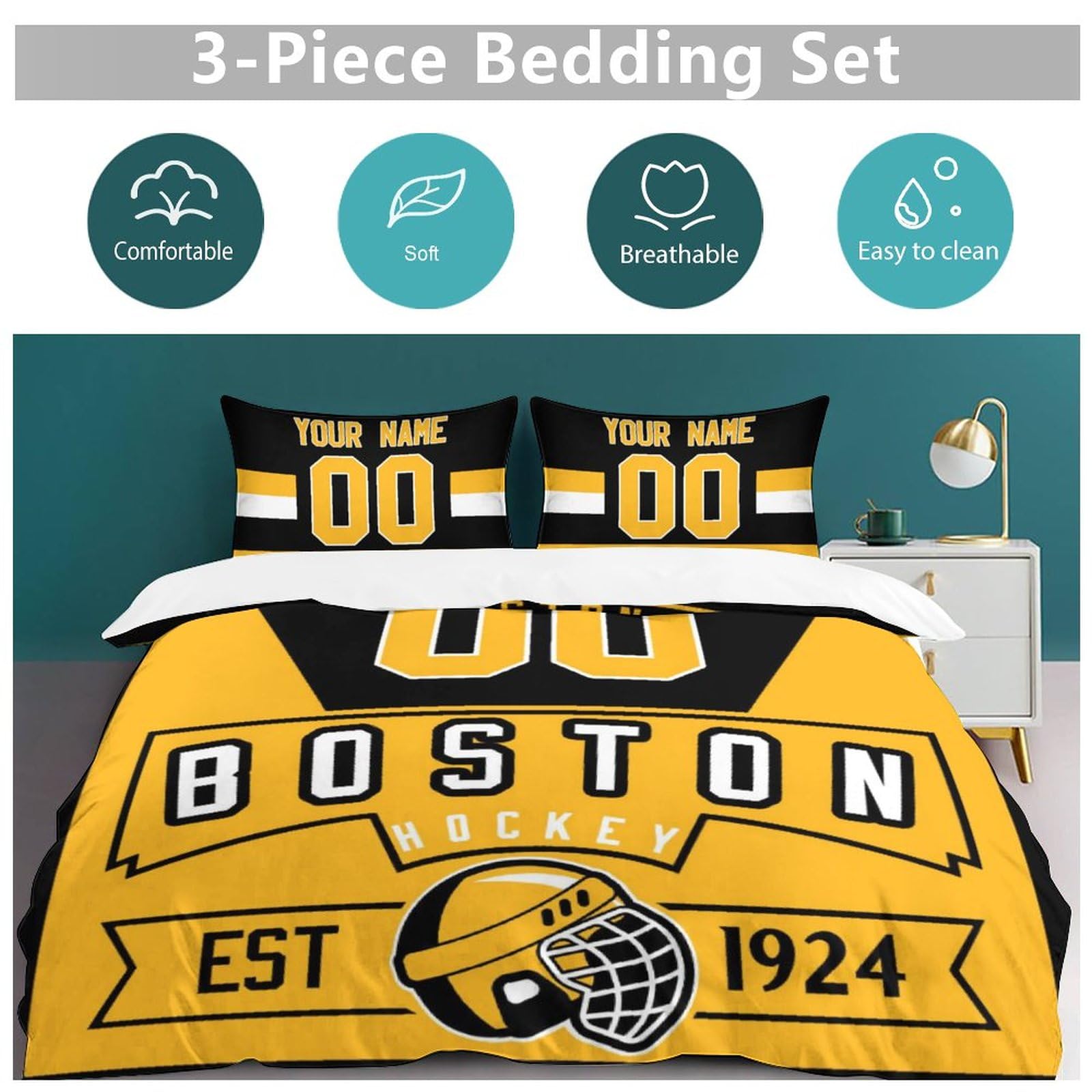 Custom Hockey Comforter Set - 3 Piece Bedding (Comforter + 2 Pillowcases) for Hockey Fans | Personalized Name & Number | Soft, Lightweight Quilt | Sports Themed Bedroom Decor | Perfect for Game Nights & Fan Gifts