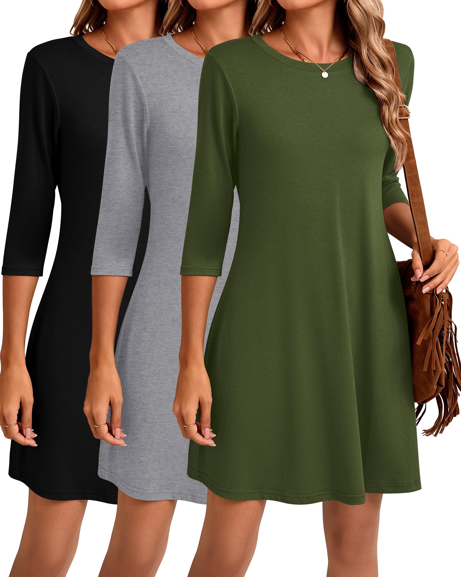 Huukeay Women's 3/4 Sleeve T-Shirt Dress 3 Pack - Casual Crew Neck Loose Fit Swing Tunic Dresses for Fall | Perfect for Work, Weekend Outings and Autumn Layering