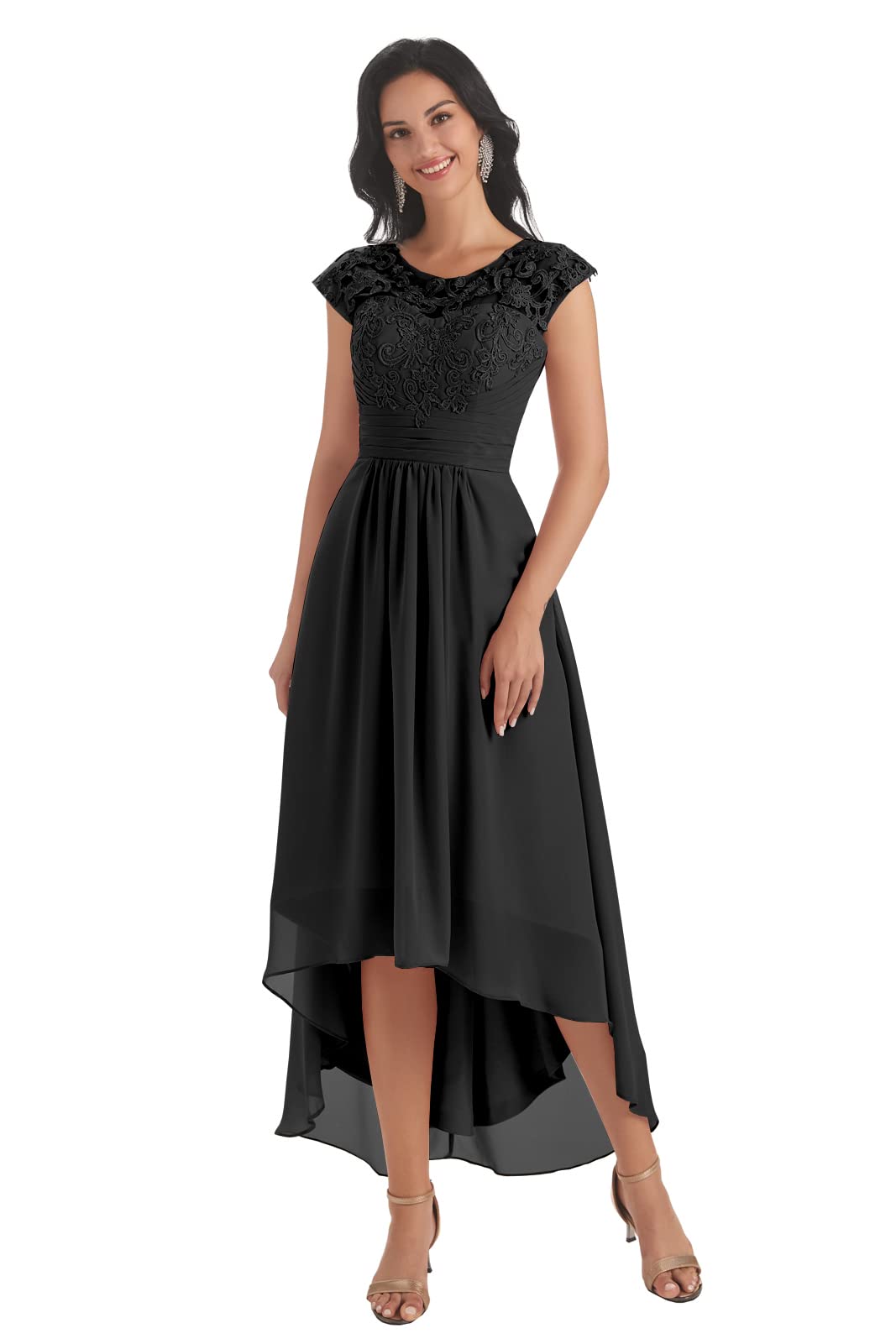 Elegant Tea-Length Mother of The Bride Dress with Pockets - 2022 Lace Appliques Chiffon High-Low Formal Gown for Weddings, Rehearsal Dinners & Special Occasions