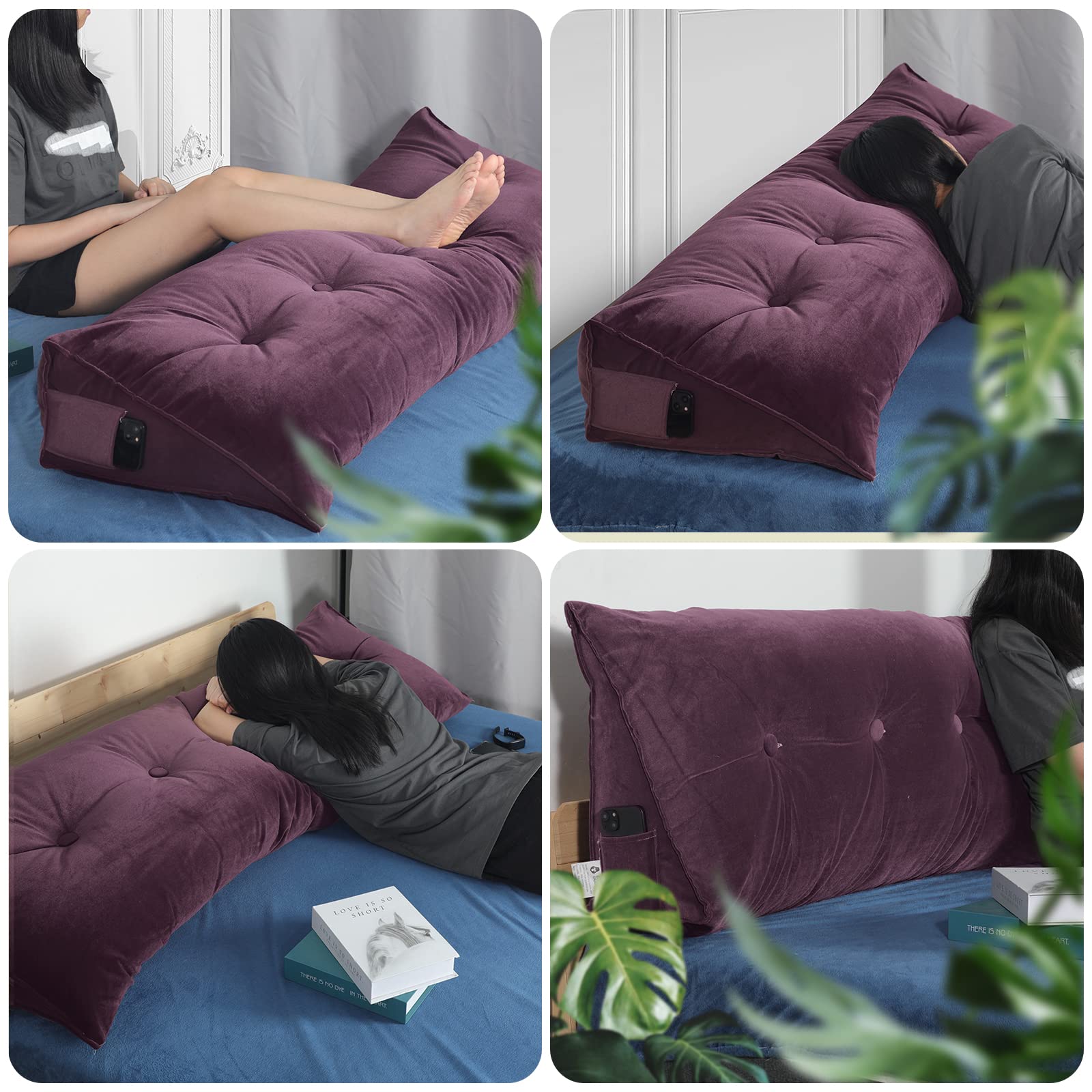 Gorilla Gadgets Large Reading Bed Rest Pillow - Triangular Wedge Pillow with Extra Filling & Washable Velvet Cover - Back Support for Reading, Watching TV, or Relaxing in Bed