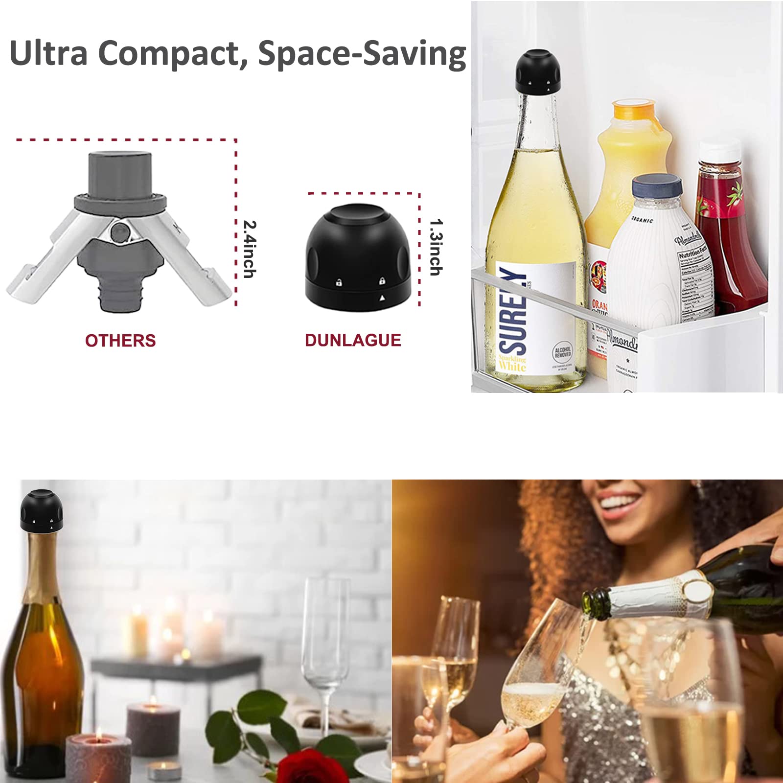 4-Pack Reusable Champagne & Wine Stoppers - Leak-Proof Plastic & Silicone Wine Corks with Twist Top Seal | Keeps Wine Fresh for Easy Storage | Perfect for Parties, Picnics & Home Bars (Black)
