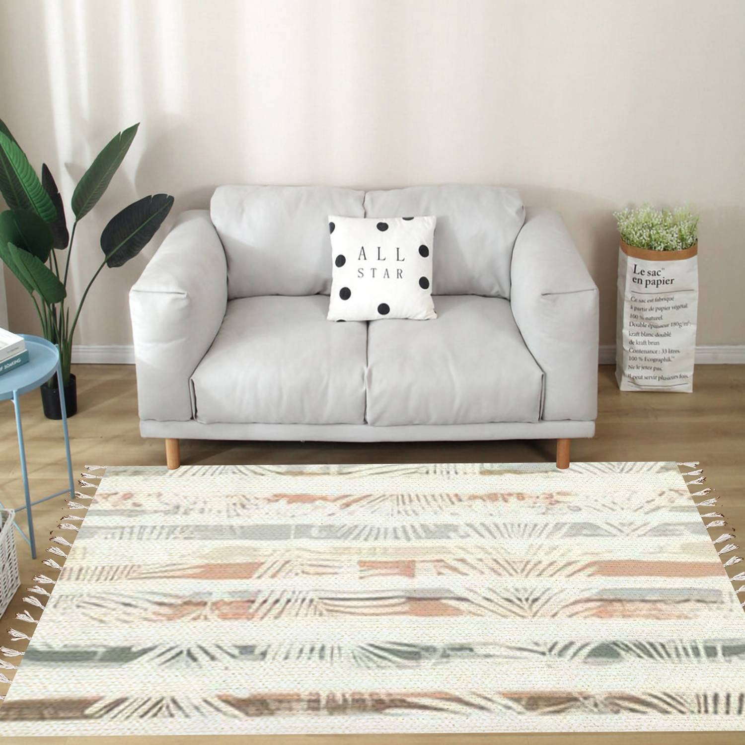 Vintage Cotton Linen Tassel Rug with Tropical Palm Leaf & Boho Floral Pattern - Washable Woven Area Rug for Kitchen, Bathroom, Outdoor Decor | Perfect for Boho Chic Living Rooms, Beach Houses & Patio Spaces