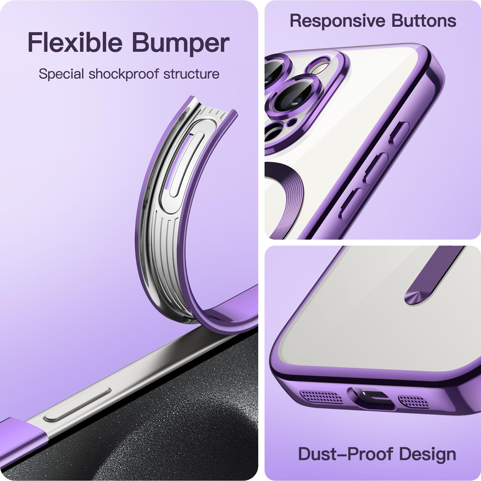 JETech Soft Clear Case for iPhone 15 Pro 6.1-Inch - Shockproof TPU Phone Cover with Full Camera Protection & MagSafe Wireless Charging Compatibility (Purple) - Perfect for Everyday Use, Travel & Outdoor Activities