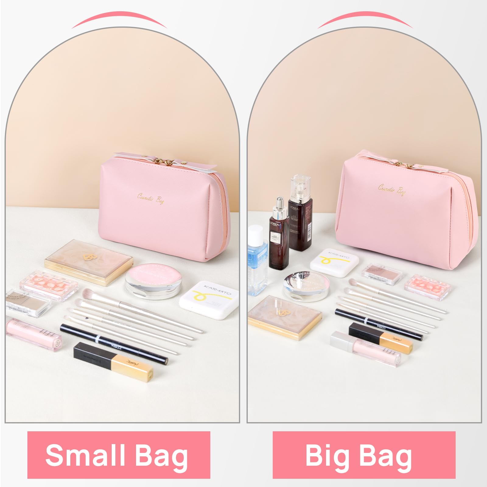 Topwey Waterproof Makeup Bag for Women - Small Pink Travel Cosmetic Organizer with Divider, Portable Toiletry Pouch | Perfect for Vacation, Gym & Daily Essentials Storage
