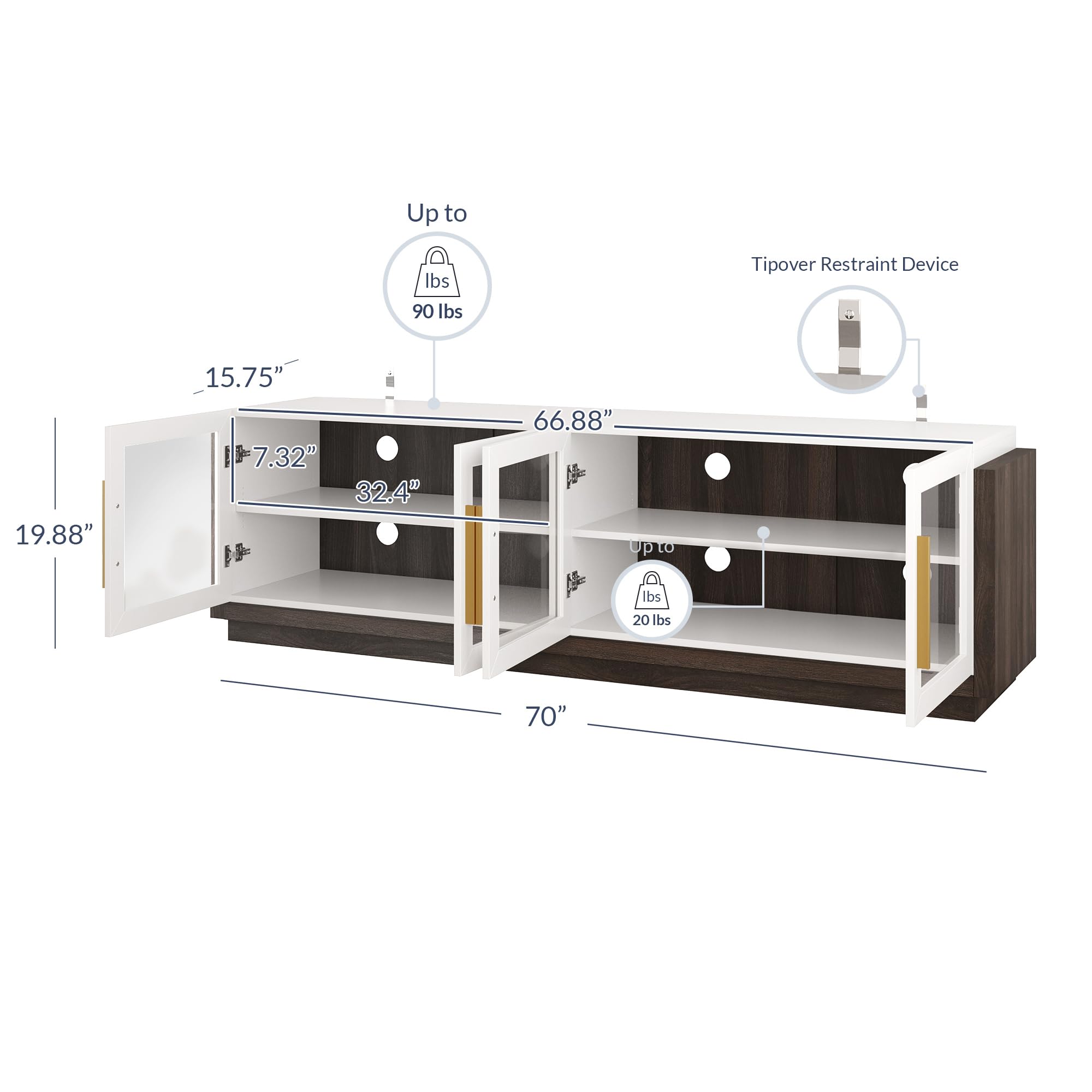 BELLEZE 70 Inch TV Stand for 75 Inch TVs - Modern Wood Entertainment Center with Storage Shelves, Media Console Cabinet for Living Room & Bedroom - White Brixston Style | Perfect for Home Theater Setup & Living Room Organization
