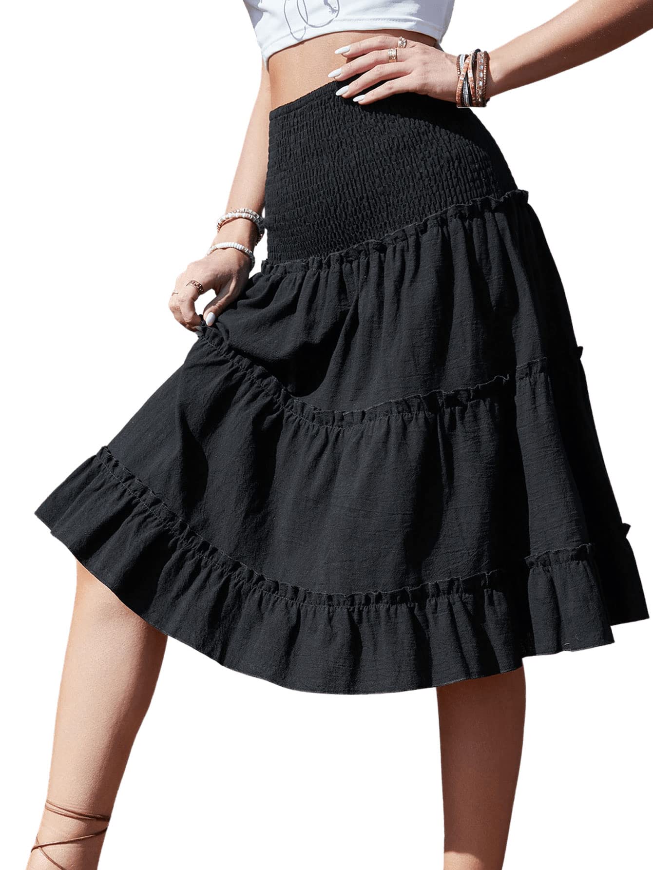 SweatyRocks Women's High Waist A-Line Midi Skirt with Ruffle Hem - Stretchy Elastic Waistband Casual Flowy Skirt for Spring Summer Outfits, Office Wear & Date Nights