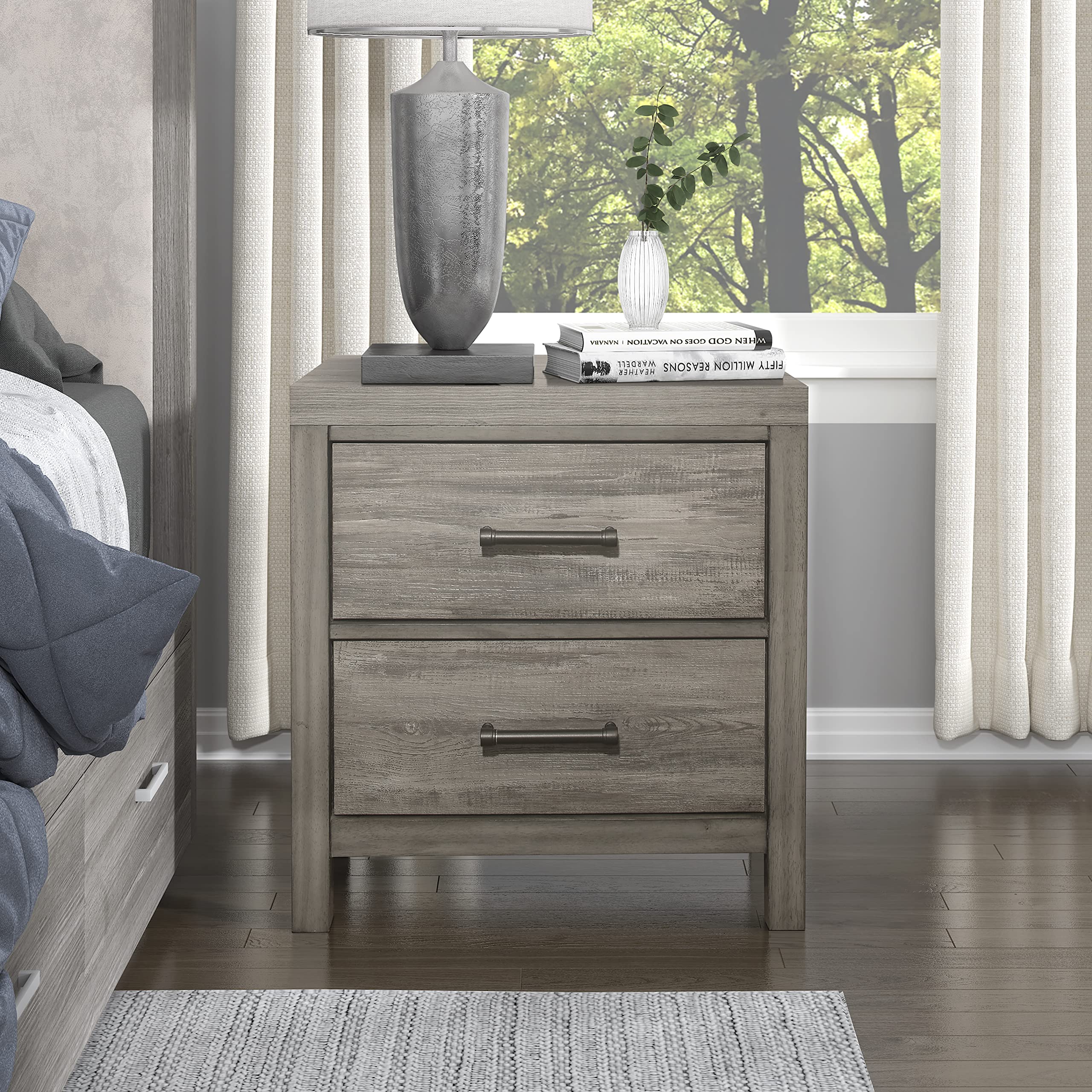 Lexicon Wallan 2-Drawer Nightstand in Weathered Gray Finish - Modern Bedside Table for Bedroom with Storage Space | Perfect for Small Spaces, Apartments & Guest Rooms