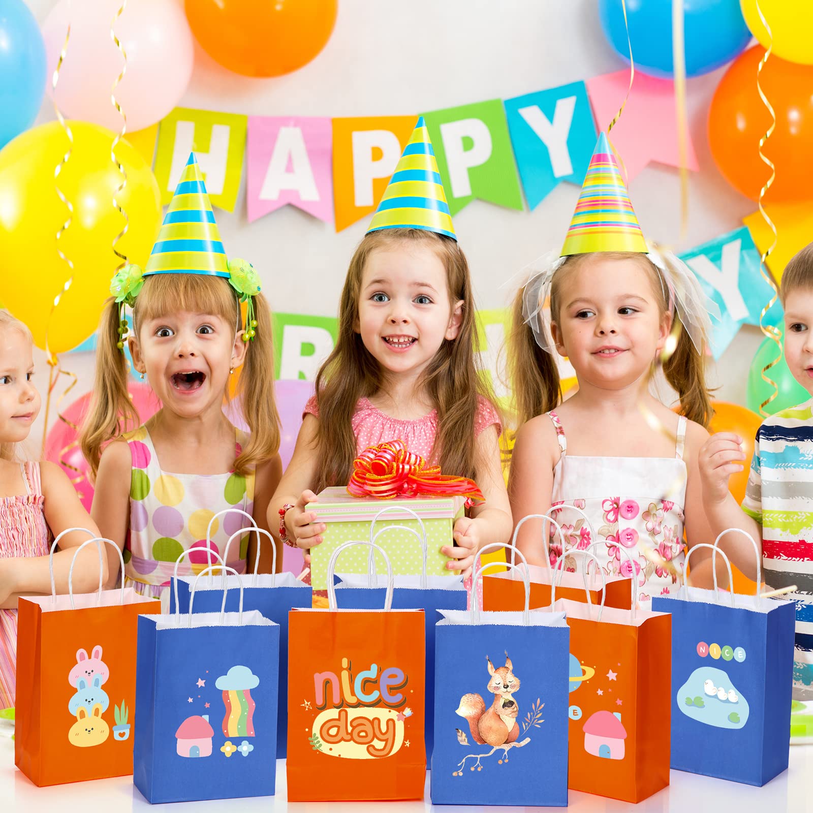 50 Pack Orange & Blue Kraft Paper Gift Bags with Handles 8.3x5.9x3.2 Inches - Party Favor Bags for Birthday, Wedding, Baby Shower, Christmas & Holiday Celebrations - Perfect for Candy, Small Gifts & Party Supplies
