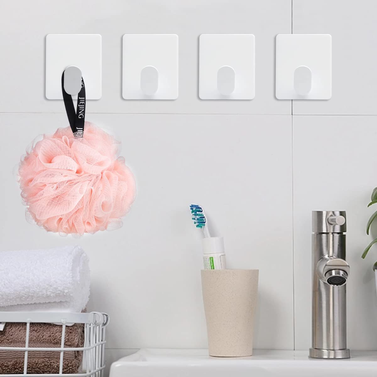 Stainless Steel Adhesive Hooks - 4 Pack White Wall Hooks for Bathroom, Kitchen & Entryway - Heavy Duty Towel Hooks, Coat Hooks & Utility Hooks - Perfect for Hanging Clothes, Hats, Robes, Bags, Keys & Shower Accessories
