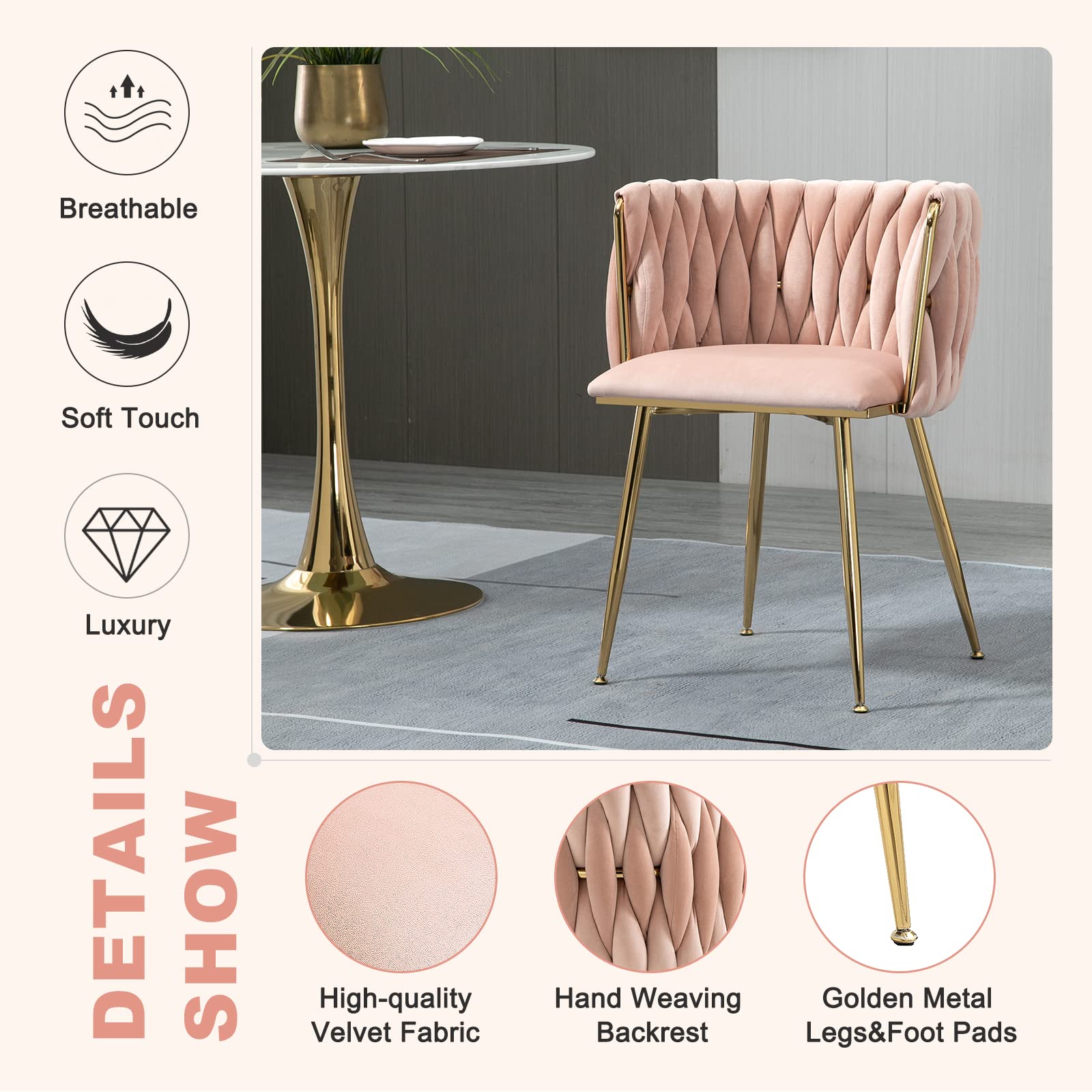 NIOIIKIT Modern Velvet Dining Chairs Set of 2 - Handwoven Upholstered Accent Chairs with Golden Metal Legs for Living Room, Dining Room, Kitchen & Vanity (Pink) - Perfect for Home Decor, Entertaining & Small Space Seating