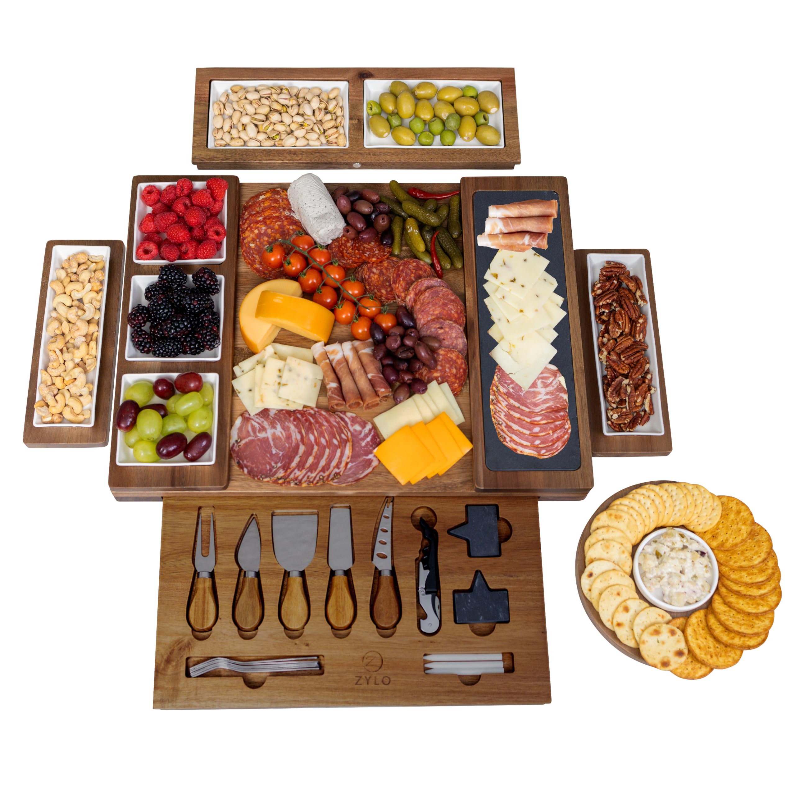 ZYLO Premium Charcuterie Board Gift Set - Large Acacia Wood Cheese Board with Slate Cutting Board, Ceramic Dishes & Stainless Steel Knives - Removable Magnetic Serving Trays for Entertaining, Wine Pairing & Holiday Gifts