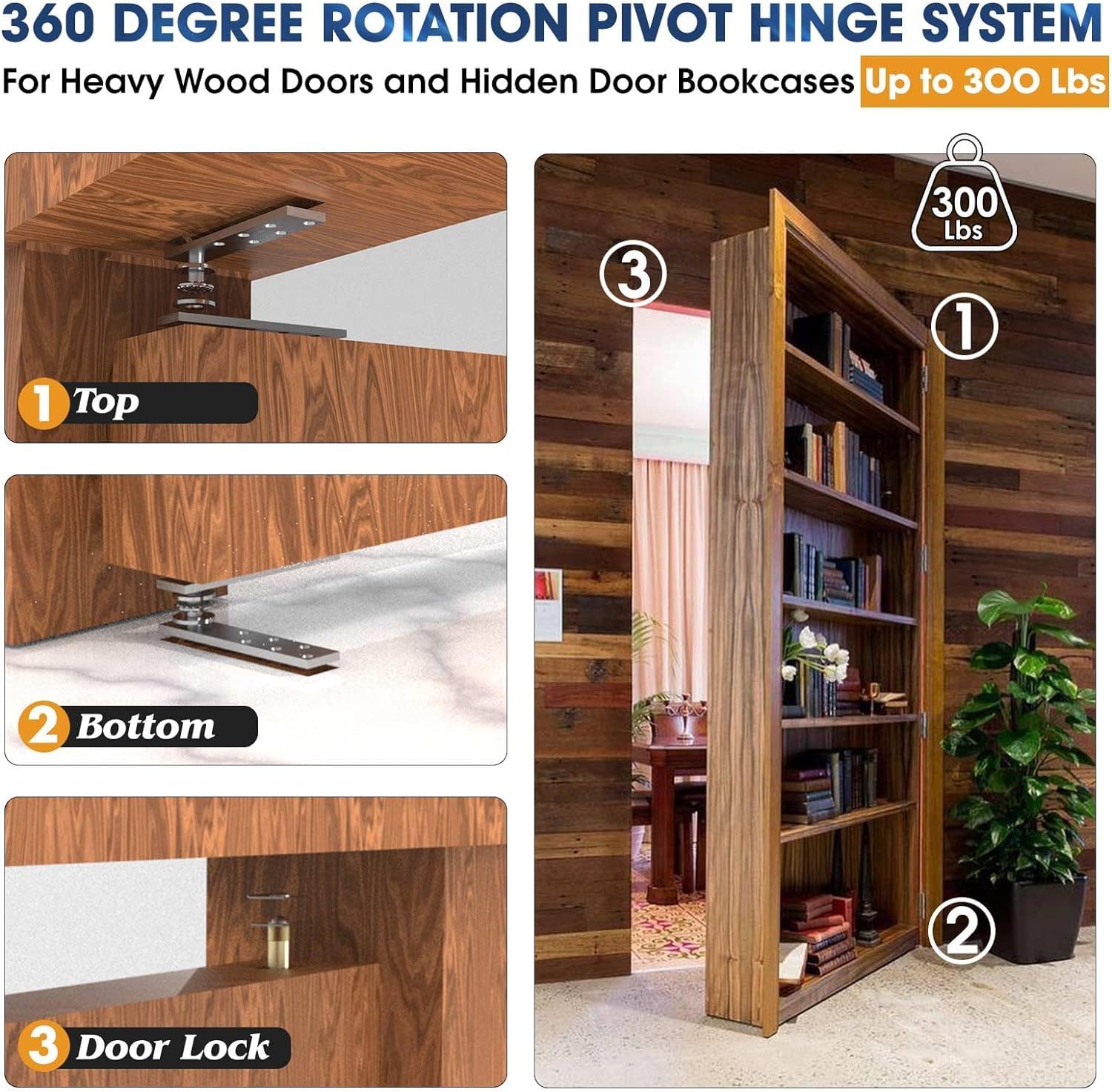 Heavy Duty Stainless Steel Hidden Door Hinge - 360 Degree Rotation Pivot Hinges for Wood Doors, Cabinet & Secret Bookcase (Max 300 lb) - Perfect for Hidden Rooms, Bookshelf Doors & Custom Furniture (2Pcs)