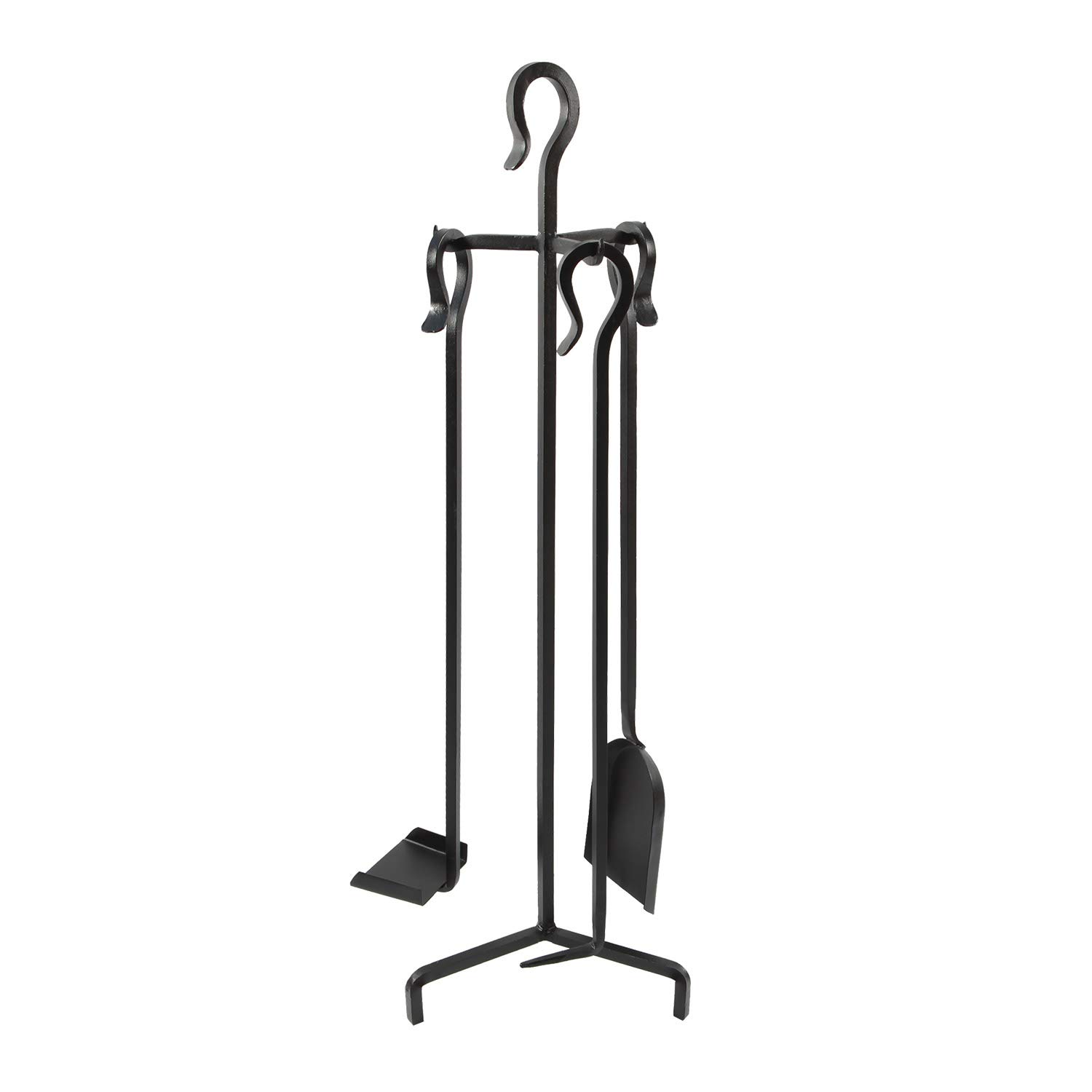 Berlin 4-Piece Wrought Iron Fireplace Tool Set - Black - Heavy Duty Fireplace Accessories for Wood Burning Stoves & Fire Pits (Poker, Shovel, Brush, Tongs)