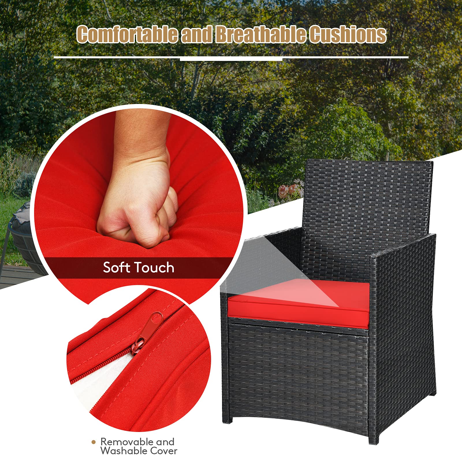 Tangkula 3-Piece Outdoor Dining Set - PE Rattan Bistro Table with Tempered Glass Top & Cushioned Chairs, Space-Saving Patio Furniture for Garden, Backyard, Poolside, Porch - Perfect for Al Fresco Dining & Outdoor Entertaining (Red)