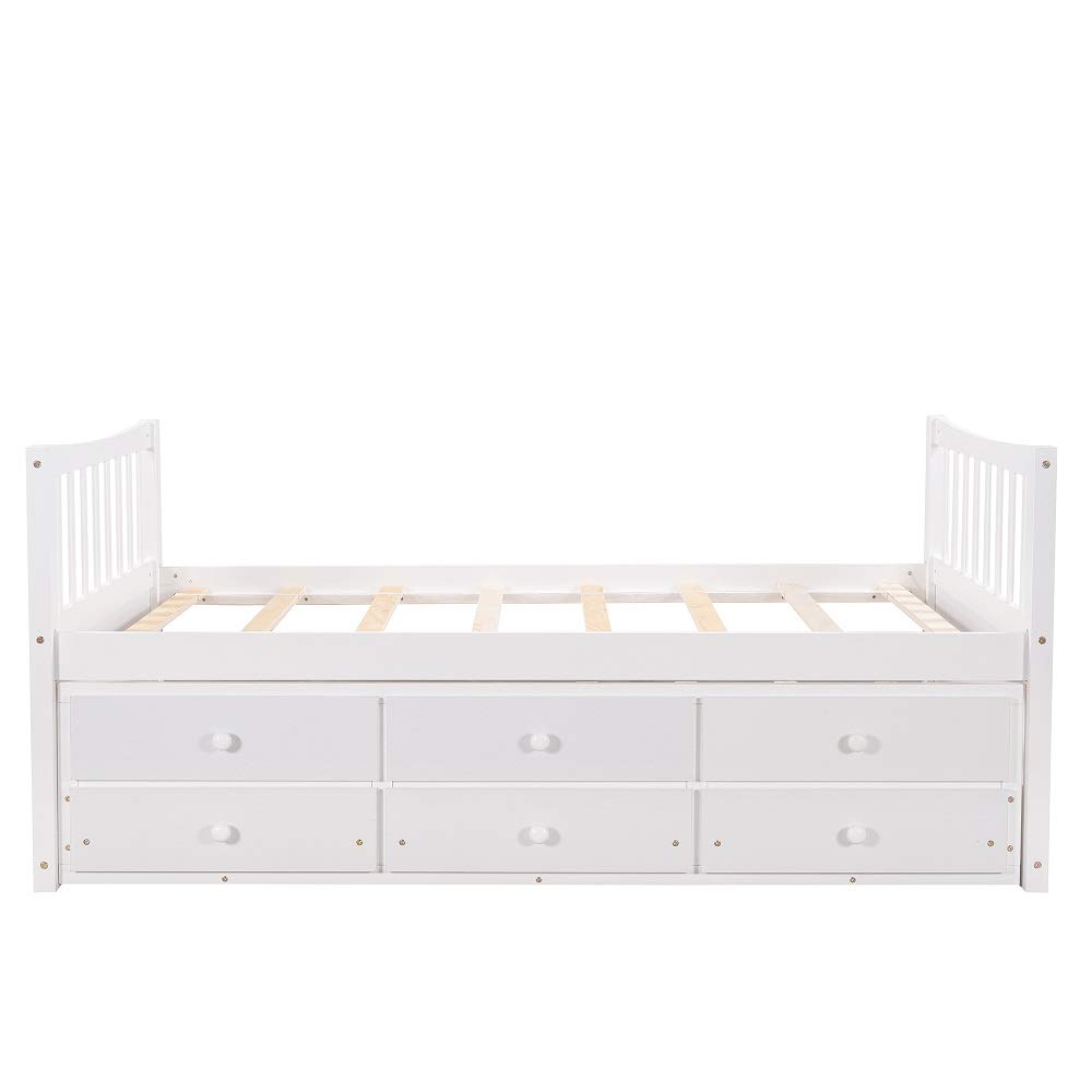 **White Twin Size Captain's Bed with 3 Storage Drawers - Wooden Daybed for Kids & Teens, Space-Saving Bed Frame for Living Room, Guest Room, or Dorm**