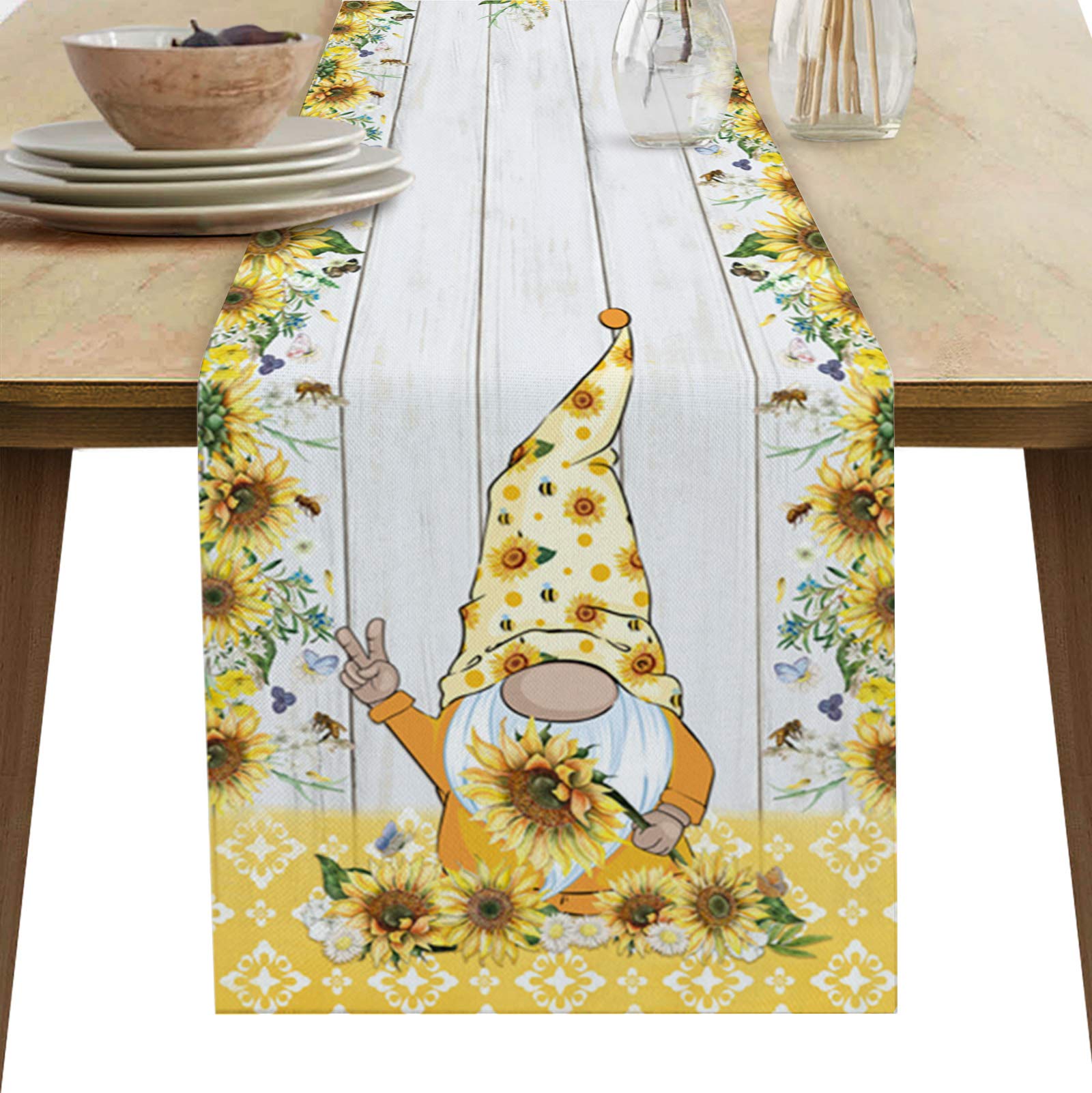 Sunflower Bee Gnome Cotton Linen Table Runner - 13x108 Inch Farmhouse Decor for Weddings, Baby Showers & Banquets | Summer Buffalo Plaid Table Scarf for Dining Room, Picnic & Dresser Decoration