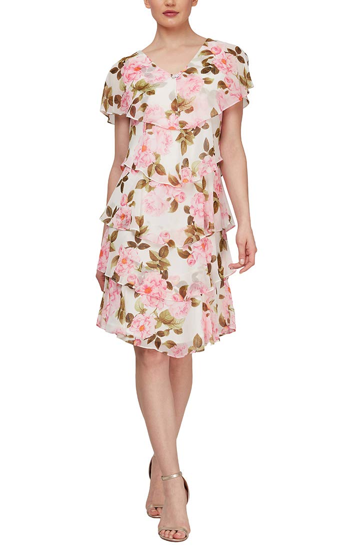 S.L. Fashions Women's Plus Size Short Sleeve Floral Print Pebble Tier Dress - Comfortable Summer Casual Dress for Vacation, Beach, Party & Everyday Wear