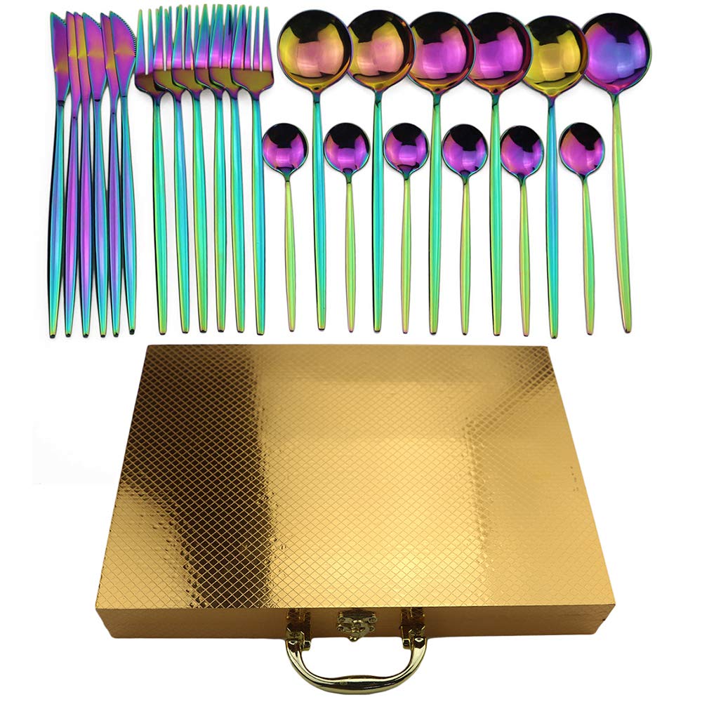 Puzhler 24-Piece 304 Stainless Steel Flatware Set with Gold Wooden Box - Rainbow Silverware Cutlery Set (6 Knives, Forks & Spoons) - Mirror Polish & Smooth Edge for Elegant Dining - Perfect for Weddings, Dinner Parties & Home Decor