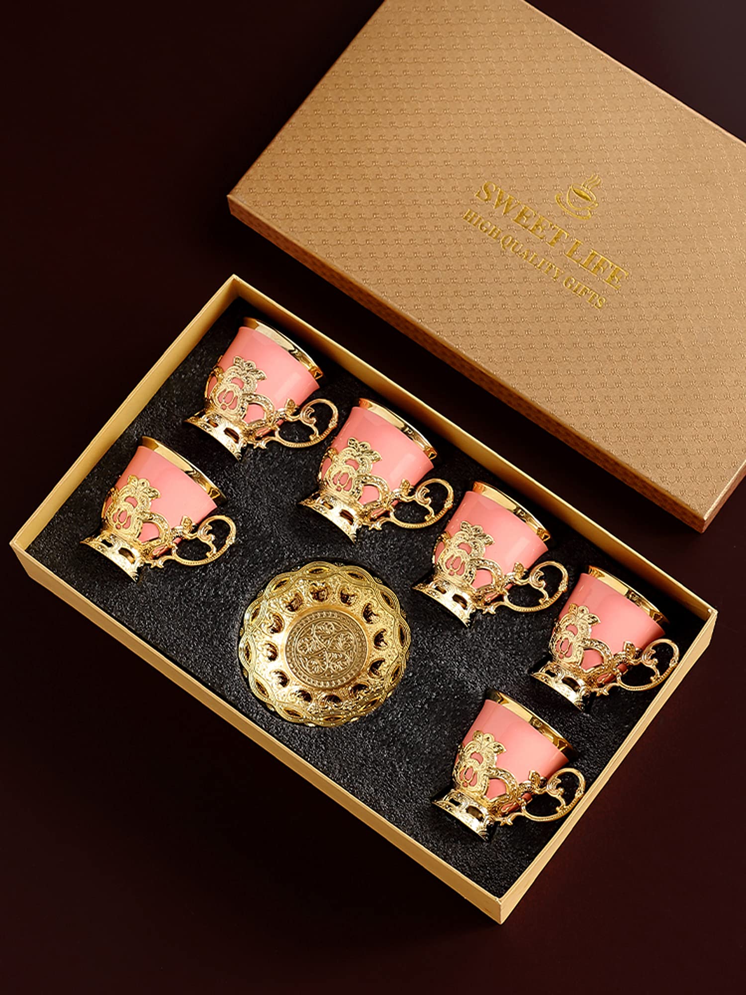 Premium Espresso & Turkish Coffee Cups Set of 6 with Saucers - 2.8oz Porcelain Tea Cups for Women (White & Gold) - Perfect for Home Cafes, Gifts & Afternoon Tea Parties