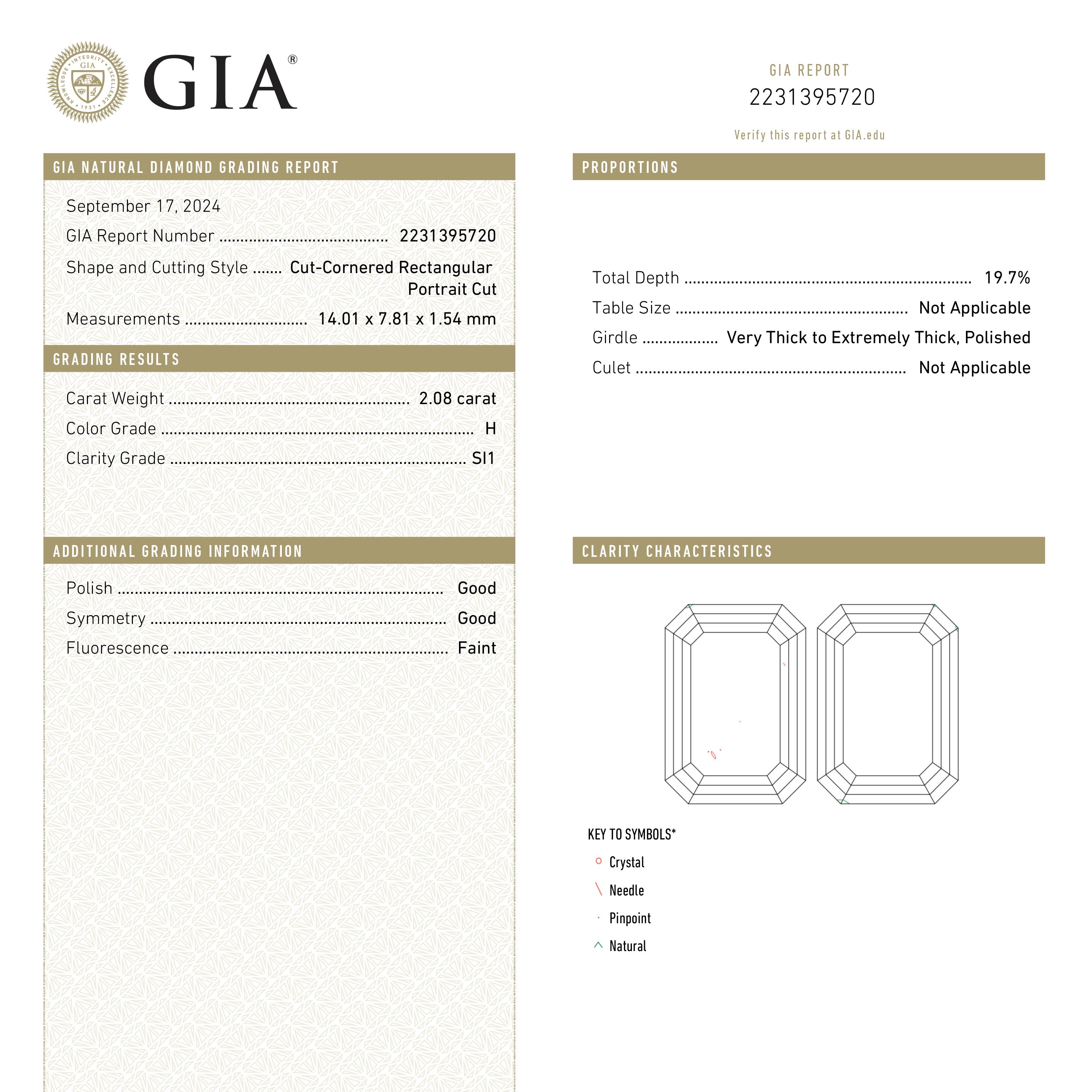 2.08ct GIA Certified SI1 H Color Rectangle Portrait Cut Diamond - 14.01x7.81x1.54mm for Engagement Rings & Fine Jewelry