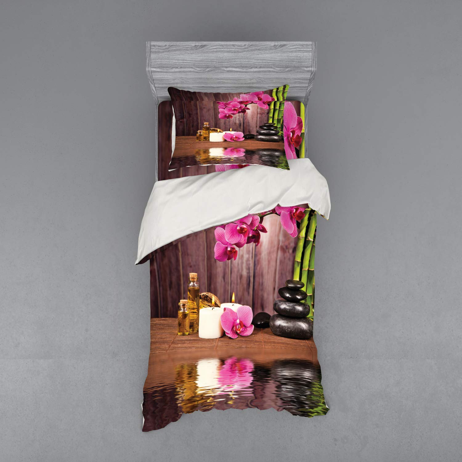 Ambesonne Orchid Duvet Cover Set - Modern Bohemian Floral Print with Stones, Candles & Water Design - 3 Piece Bedding Set Includes Sham & Fitted Sheet - Twin Size in Umber Green & Pink - Perfect for Boho Chic Bedrooms, Guest Rooms & Cozy Home Decor