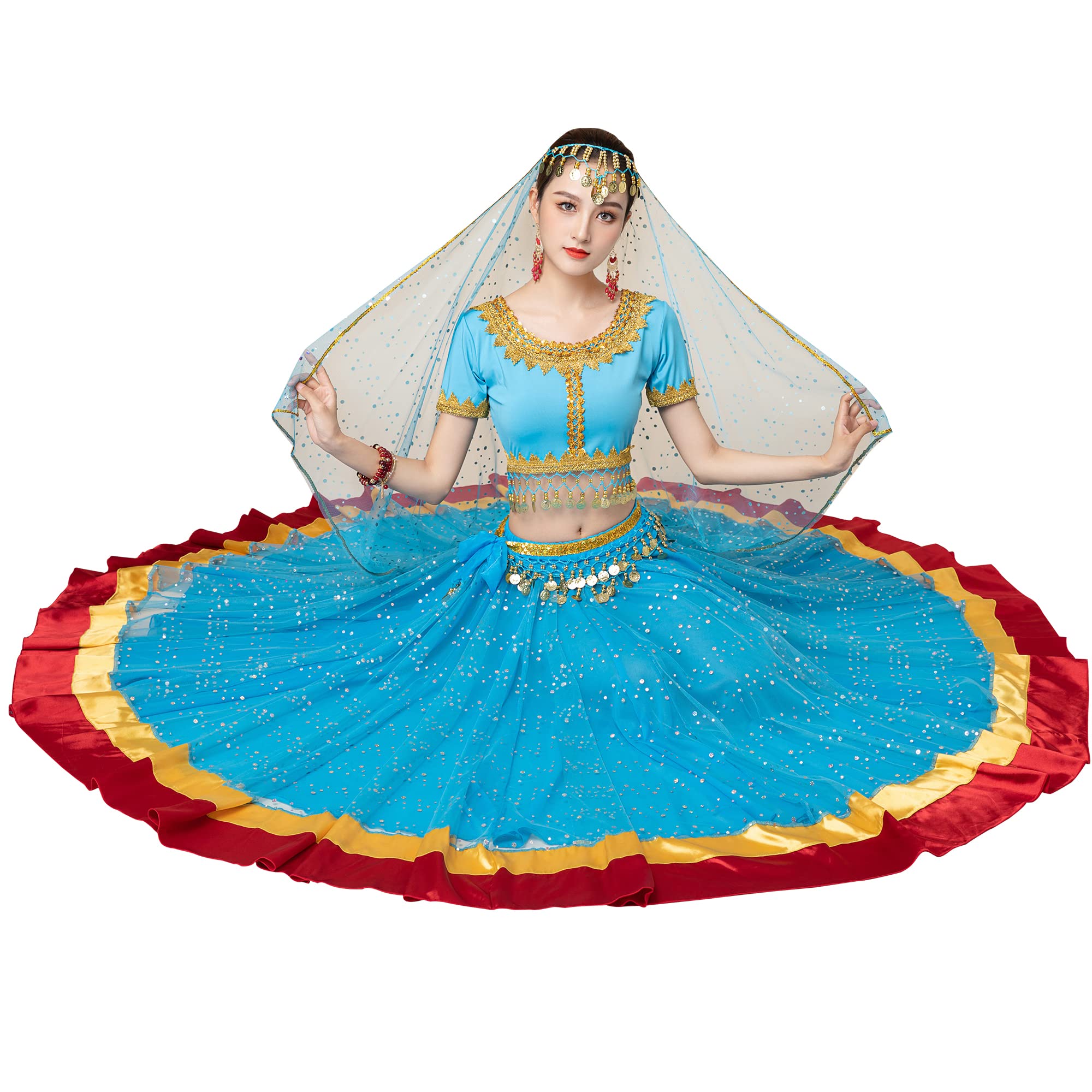 MISI CHAO Women's Belly Dance Costume - Elegant Bollywood Chiffon Dress with Head Veil for Halloween, Party & Performance | Perfect for Dance Shows, Cosplay & Themed Events