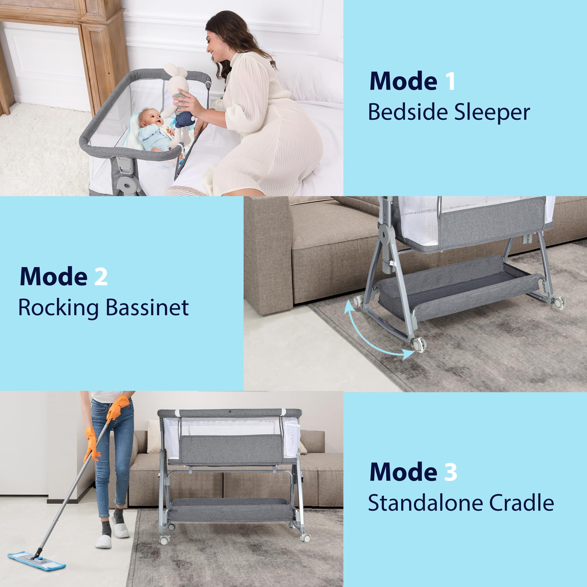 3-in-1 Adjustable Baby Bassinet Bedside Sleeper with Mattress & Wheels - 5 Height Settings, Gray Rocking Crib for Newborns - Perfect for Nursery, Bedroom & Travel Use
