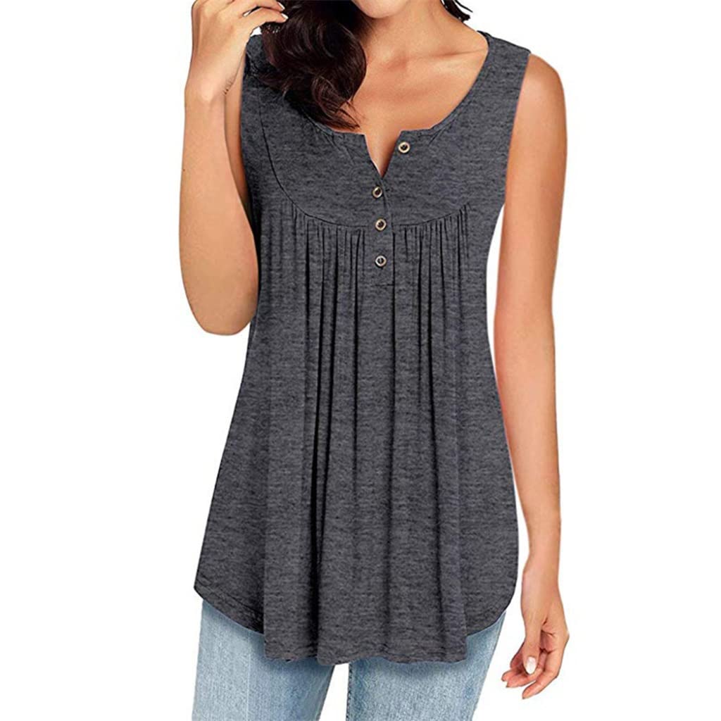 BAPYZ Women's Casual Solid Color Button Pleated Loose Sleeveless Tank Top - Grey Size S | Summer Beach Wear, Layering Essential, Office Casual Outfit