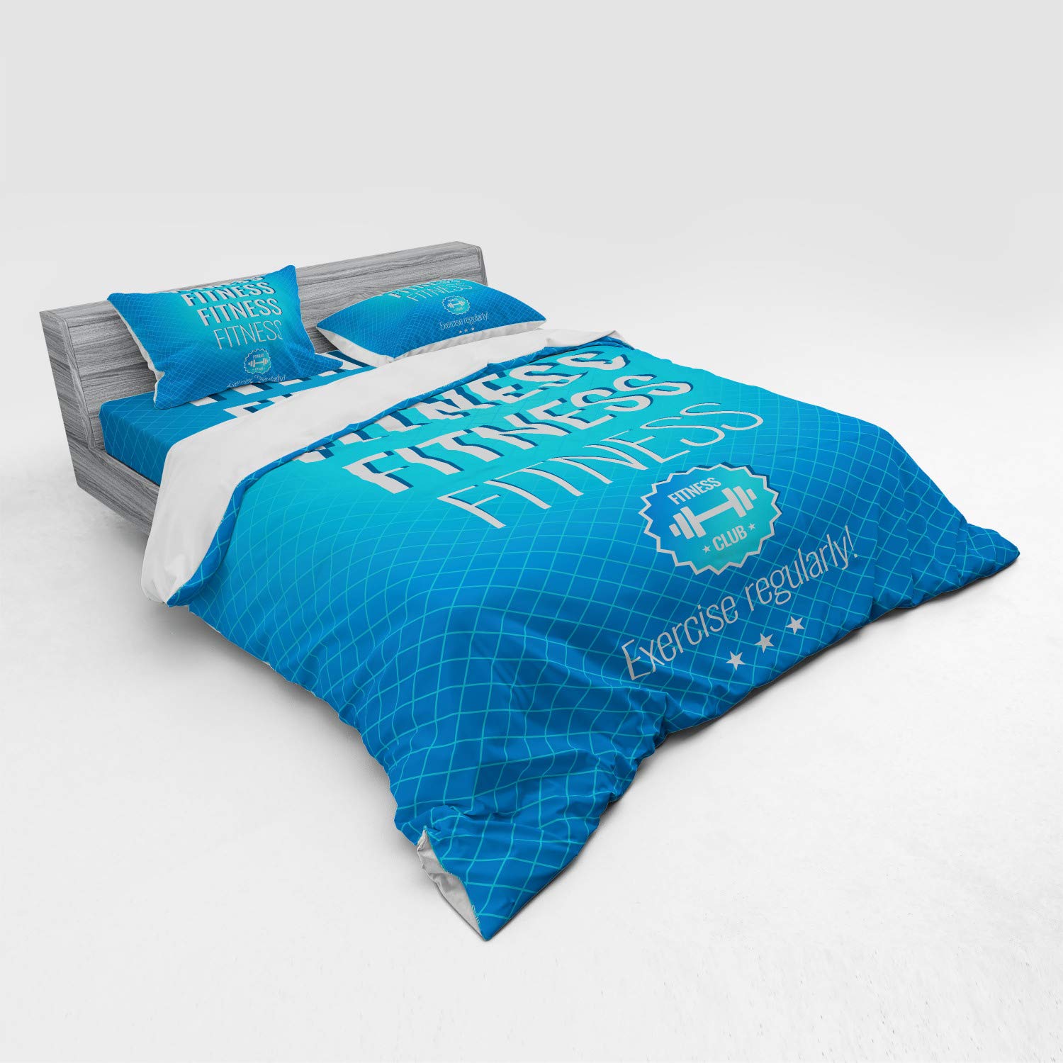Ambesonne Fitness Bedding Set 4-Piece King Size - Motivational Exercise Themed Duvet Cover with Checkered Backdrop & Typography - Includes Shams & Fitted Sheet in Pale Blue & White - Perfect for Gym Enthusiasts & Home Workout Spaces