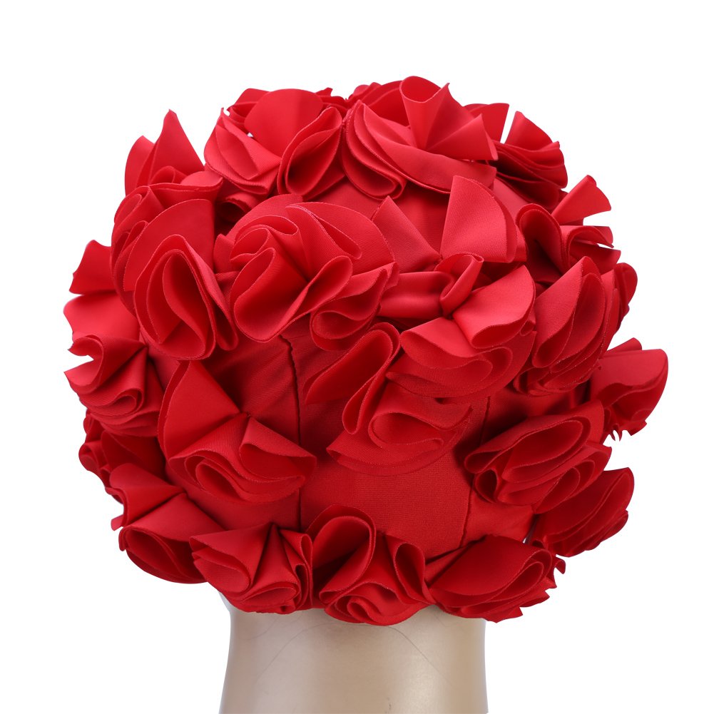 Alomejor Retro Floral Swim Hat for Women & Kids - Elastic Long Hair Bathing Cap - Waterproof & Comfortable for Swimming, Beach, Pool & Water Sports (Red)