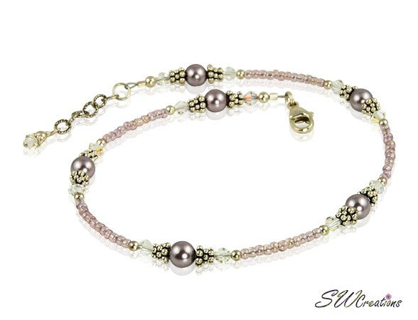 Elegant Mauve Crystal Pearl Beaded Anklet for Women - Stylish Bohemian Ankle Bracelet Jewelry for Summer, Beach, Wedding & Boho Fashion Accessories