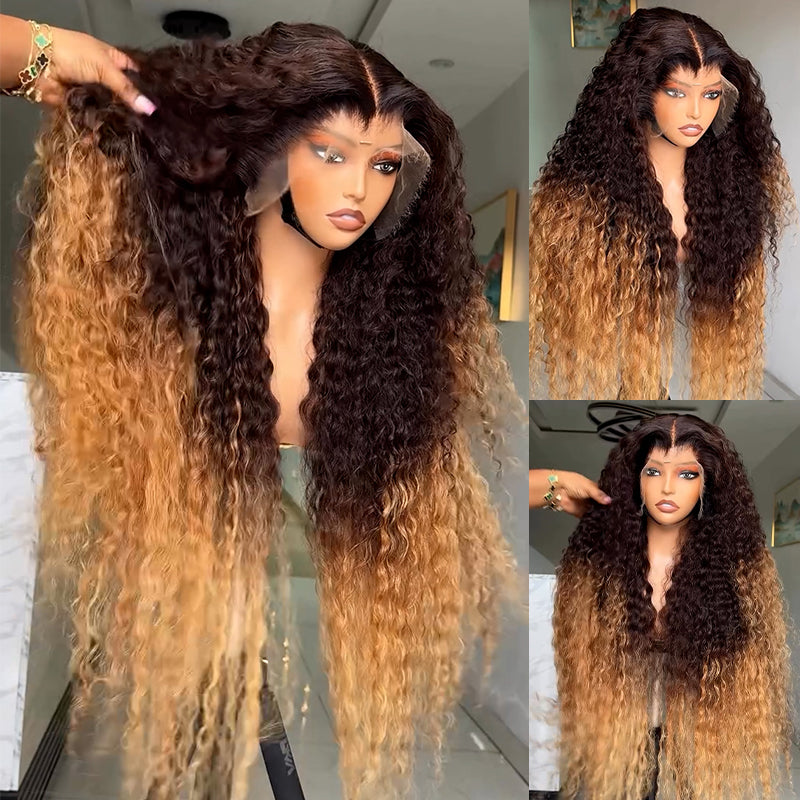 Eullair Ombre Dark Brown to Honey Blonde Curly Human Hair Wig - Glueless Lace Frontal Wig for Women | Pre-Colored Natural Look for Daily Wear & Special Occasions