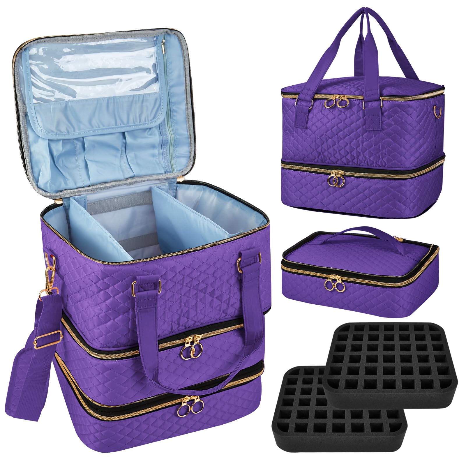 3-Layer Nail Polish Organizer Case with Adjustable Dividers - Holds 84 Bottles, Nail Lamp & Kit Supplies - Portable Storage Box for Nail Salon & Home Use - Purple
