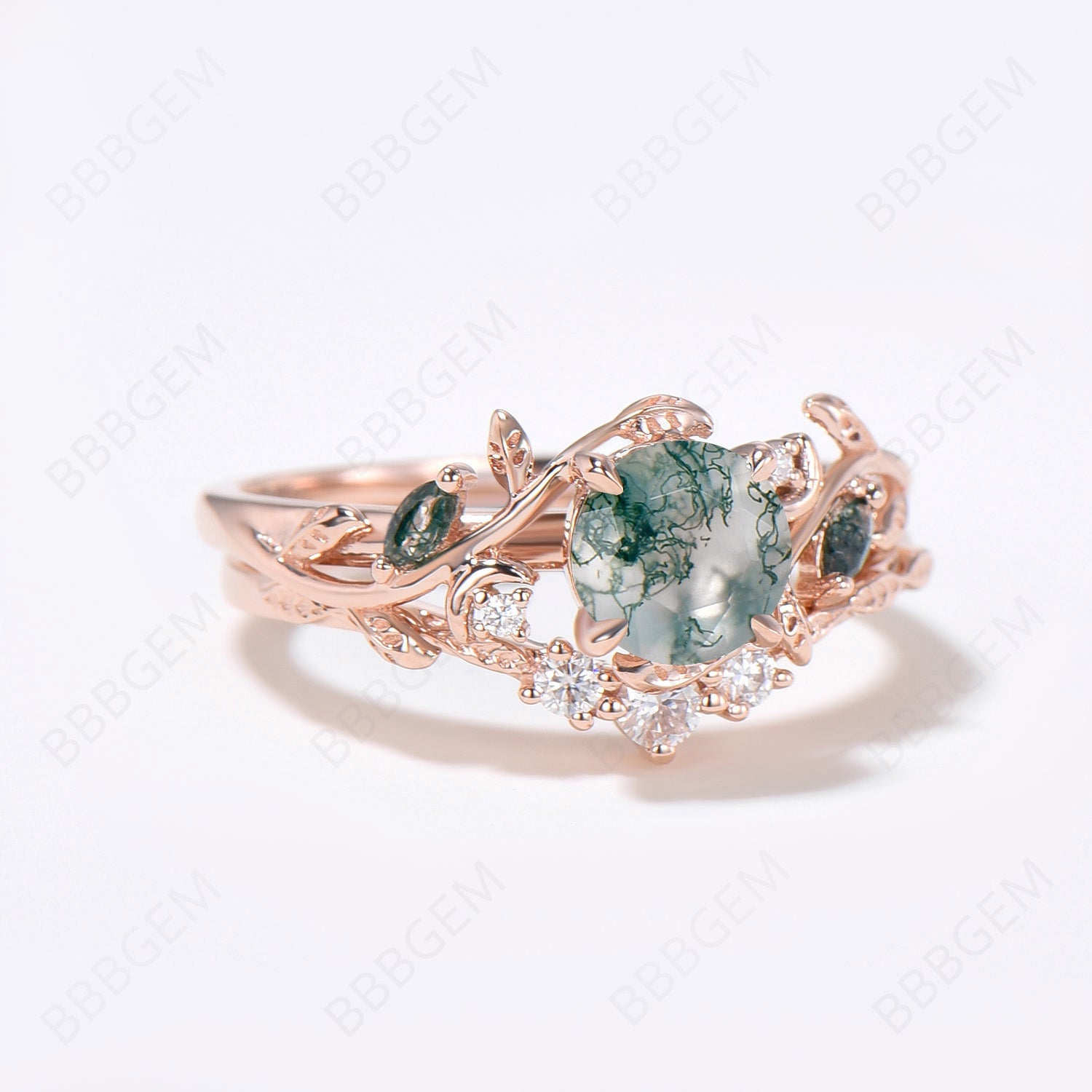 14K Rose Gold Moss Agate Engagement Ring Set - Nature Inspired Leaf Vine Design with Round Aquatic Agate Wedding Band (2-Piece Bridal Set) | Perfect for Outdoor Weddings, Beach Proposals & Boho Chic Jewelry Lovers