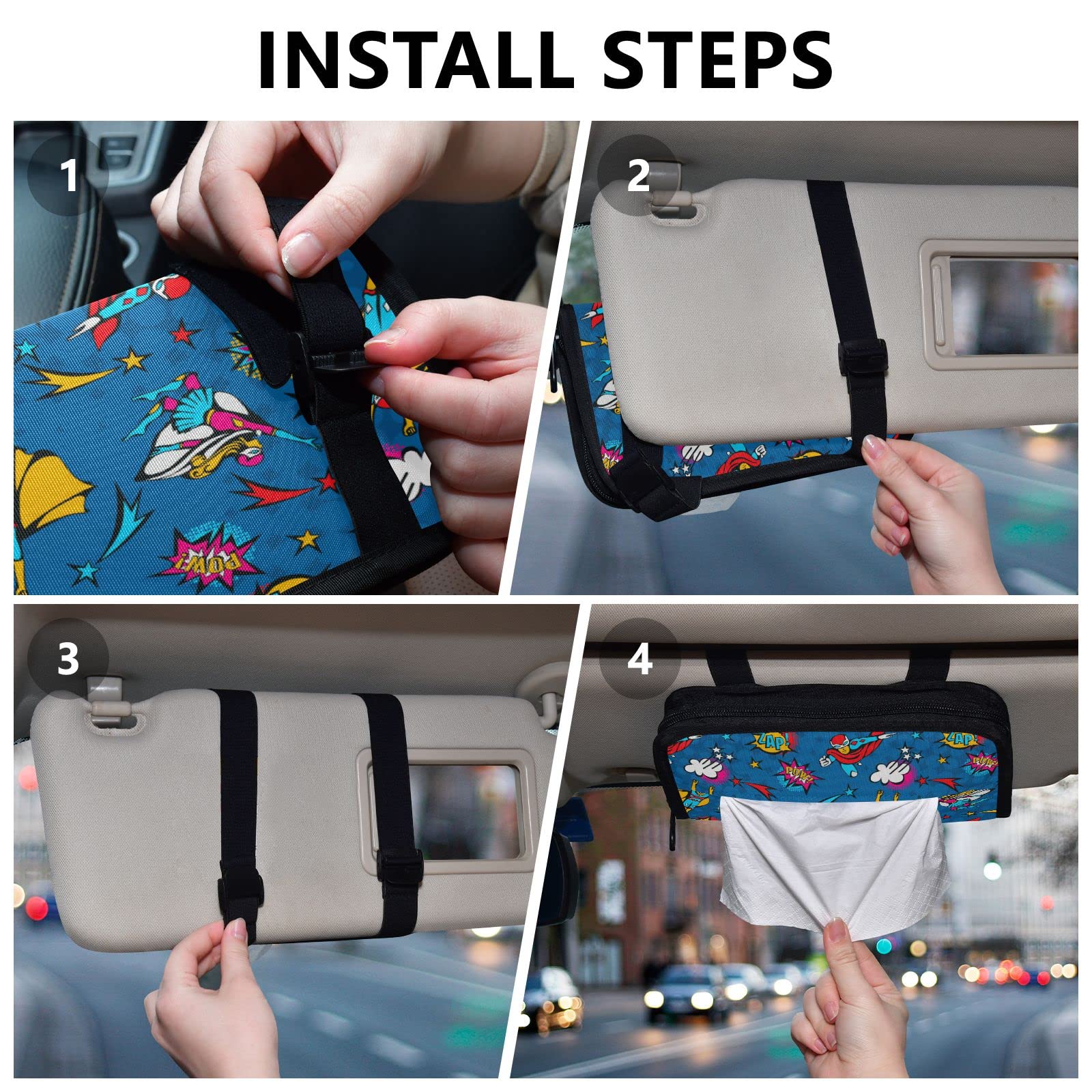 Pop Art Comic Style Flying Superheroes Speech Bubbles Car Tissue Holder - Adjustable Sun Visor Napkin Box with Zipper for Trucks & Cars | Perfect for Road Trips, Family Travel & Daily Commute