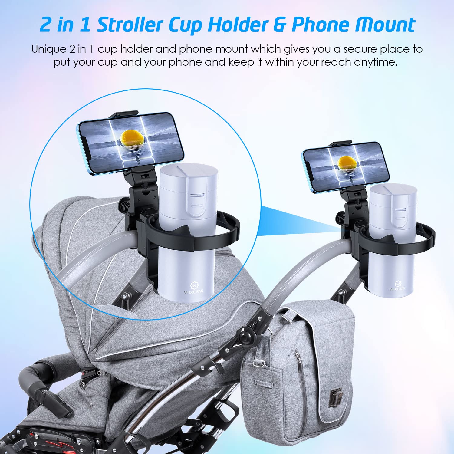WixGear Universal 2-in-1 Stroller Cup Holder with Adjustable Phone Stand - Fits Baby Strollers, Wheelchairs & Walkers - Perfect for Parents, Seniors & Caregivers On-The-Go (New Version)