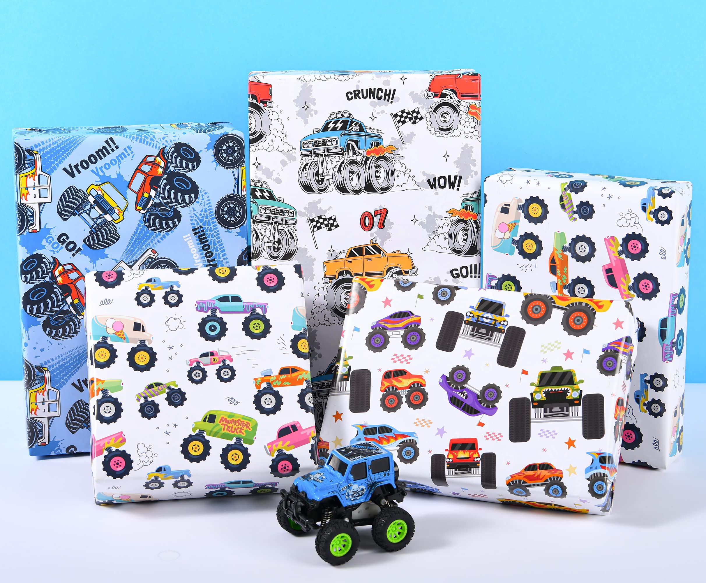 Titiweet Monster Truck Wrapping Paper for Boys - 12 Sheets Racing Car Gift Wrap (20x28 Inches) for Christmas, Birthday & Holidays | Perfect for Kids' Parties, Gifts & Toy Car Enthusiasts