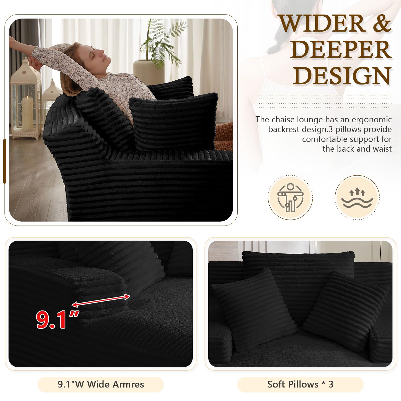 ODUWA Oversized Chaise Lounge Sofa Bed - Recliner Cloud Couch with Throw Pillows & Armrests, Corduroy Sleeper Sofa for Living Room, Bedroom, Apartment (Black) - Perfect for Relaxing, Napping & Small Space Living
