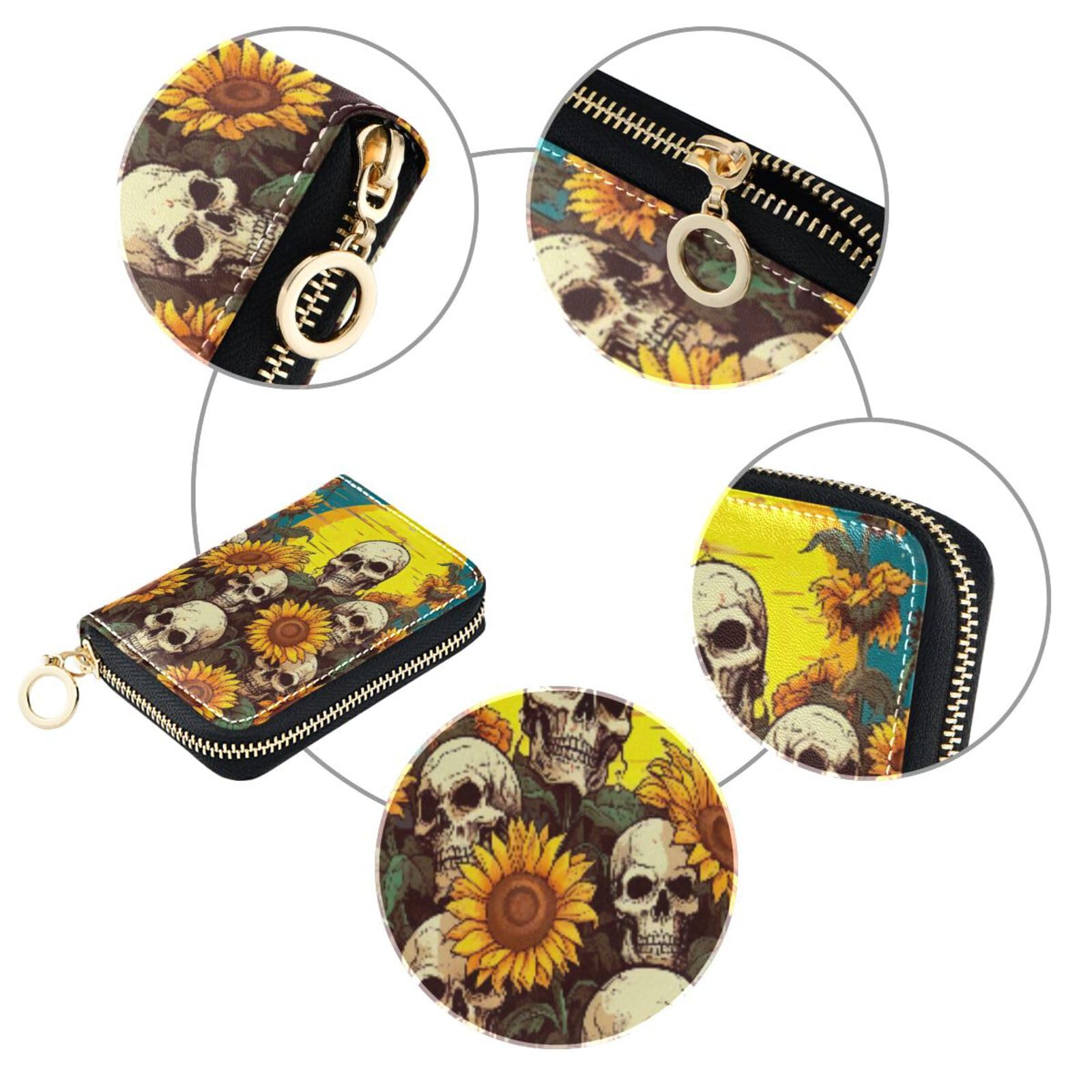 Floral Skull Leather Credit Card Holder - Sunflower Zipper Wallet ID Card Case for Women & Men - Perfect for Travel, Business, and Everyday Use (Style 20849082)