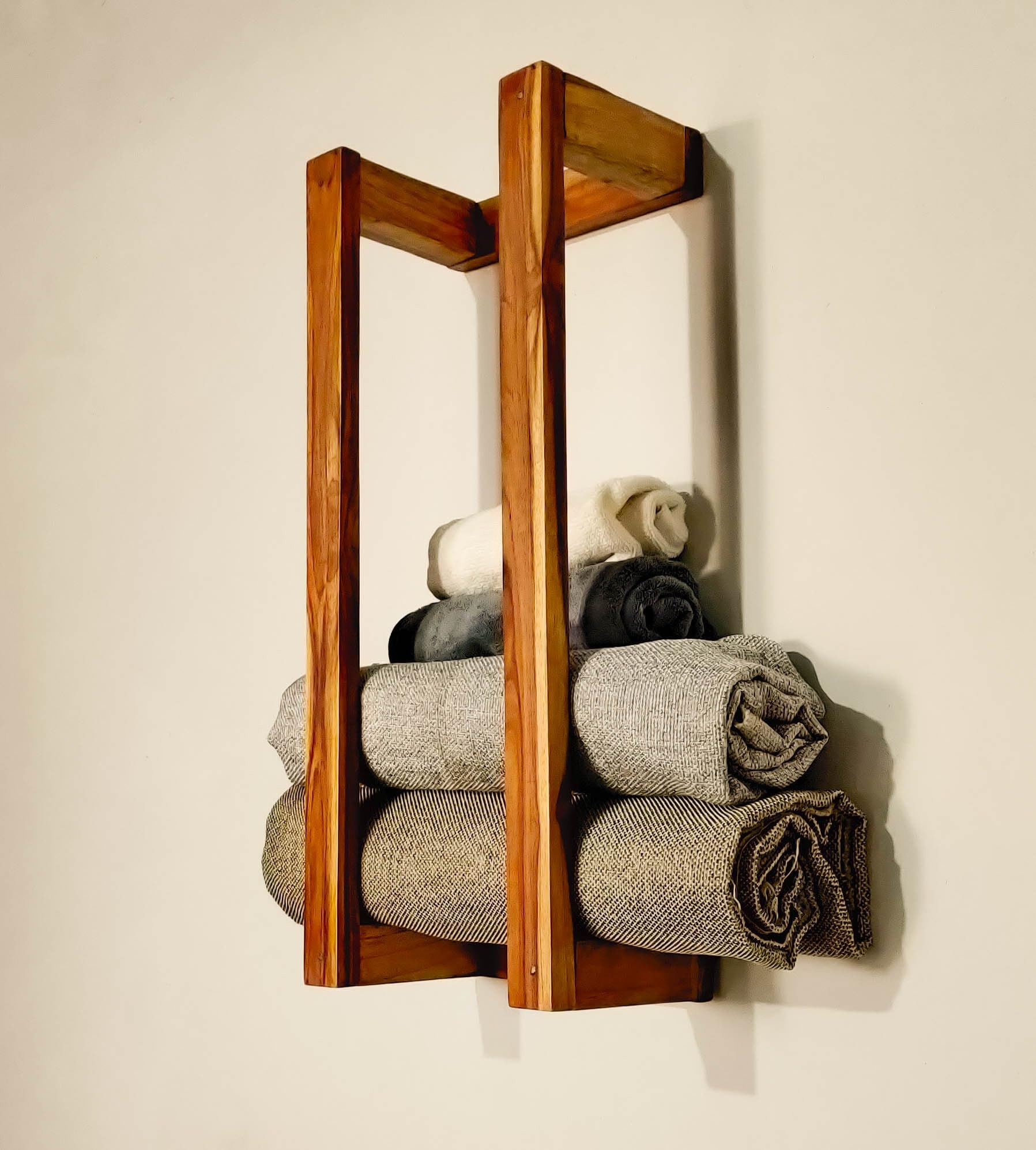 Premium Sheesham Wood Bathroom Towel Holder Stand - Solid Wood Wall Mounted Towel Rack & Shelf Organizer for Rolled Towels | Eco-Friendly Bathroom Storage Solution (50L x 20W x 8.8H cm) - Perfect for Spa, Guest Bathroom & Luxury Home Decor