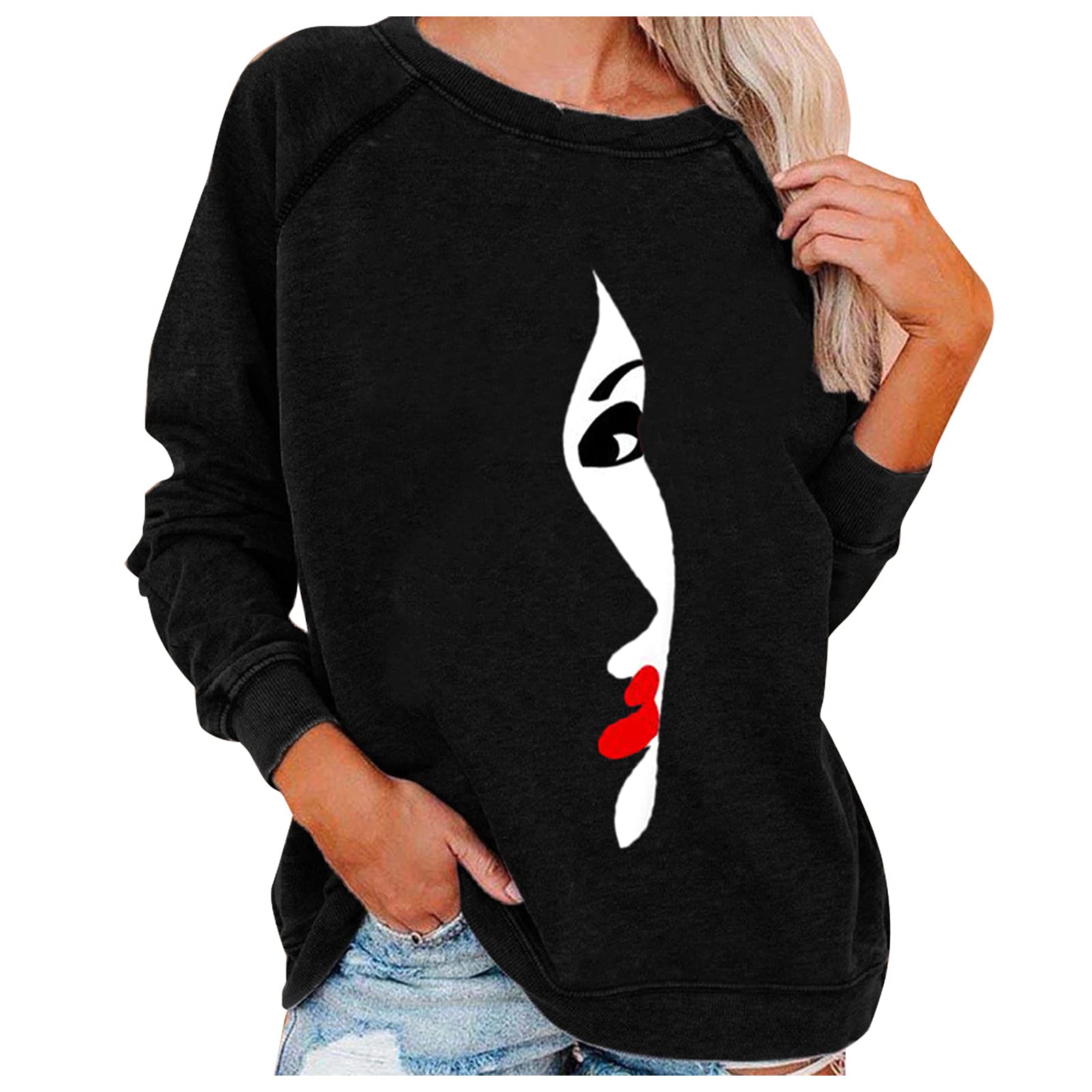 FMCHICO Women's Casual Crewneck Sweatshirt - Printed Loose Fit Soft Long Sleeve Pullover Top - Comfortable Everyday Wear for Lounge, Workout & Street Style