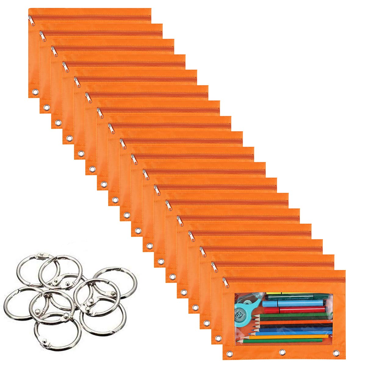 18-Pack Clear Window 3-Ring Pencil Pouch - Binder Pocket Organizer for School, Classroom & Office Supplies - Perfect for Students, Teachers & Professionals (Orange)