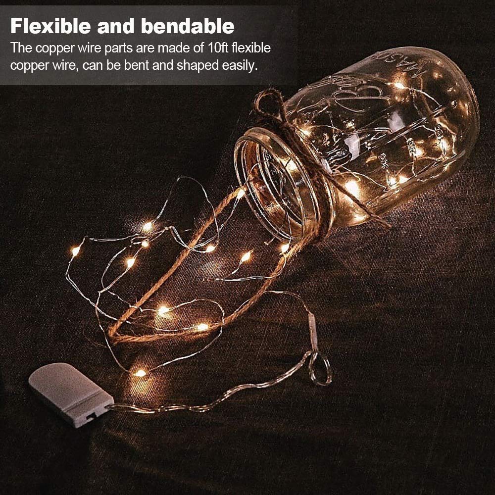16 Pack 10 ft Battery Operated LED Fairy Lights with Mason Jars - Warm White Silver Wire String Lights for Wedding Centerpieces, Christmas Decorations, Bedroom & Garden Lighting - Indoor/Outdoor Use