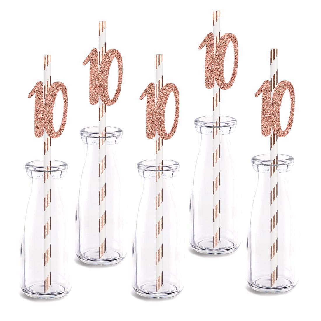 Rose Gold Glitter 10th Birthday Party Straws - 24pcs Cut-Out Number 10 Drinking Straw Decorations for Anniversary Celebrations, Girls' Birthday Parties & Special Events